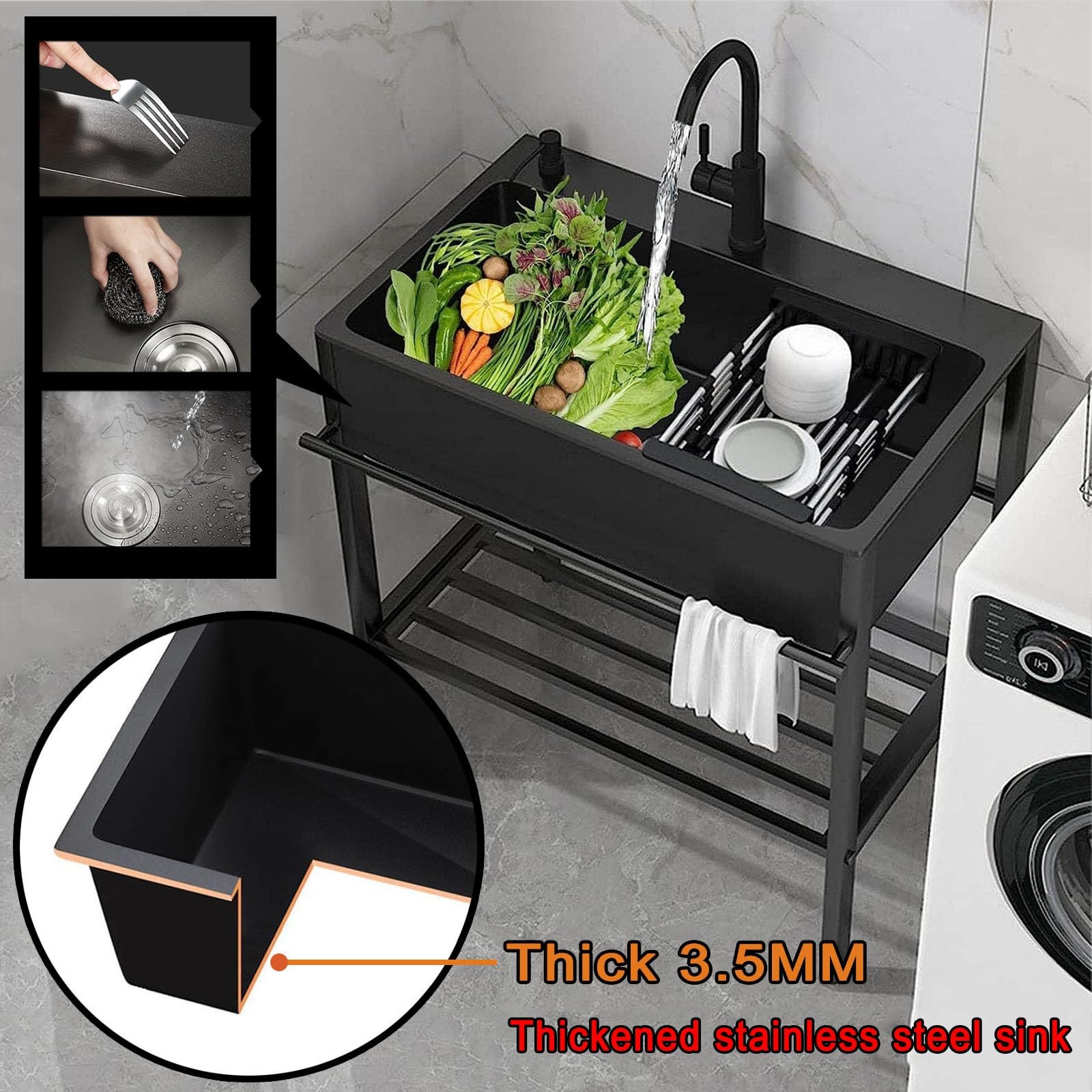 Spüle Küchenspüle Schwarz Edelstahlspüle Spülbecken Haushaltsspüle Set Mit Wasserhahn Und Seifenspender Freistehende Restaurantspüle Für Außen Innen Küche Garten Camping, Antirost