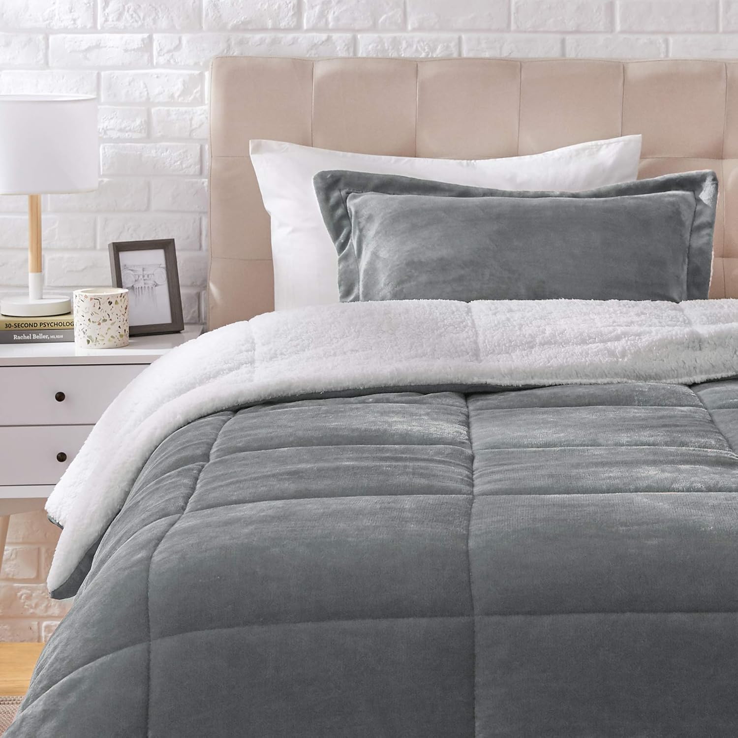  Basics Ultra-Soft Micromink Sherpa Comforter Bed Set - Charcoal, Twin : Home & Kitchen
