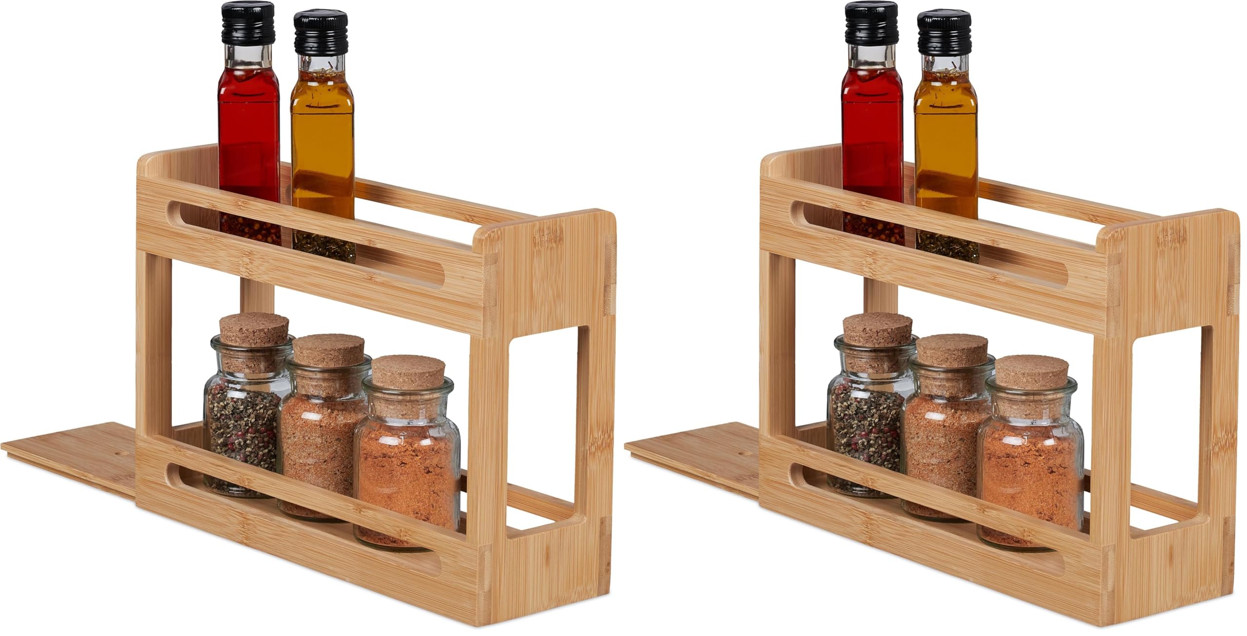 Relaxdays Gewürzregal, ausziehbare Gewürzablage, Bambus, HBT: 21,5x30,5x10,5 cm, 2 Ebenen, Gewürzhalter stehend, natur (Packung mit 2)