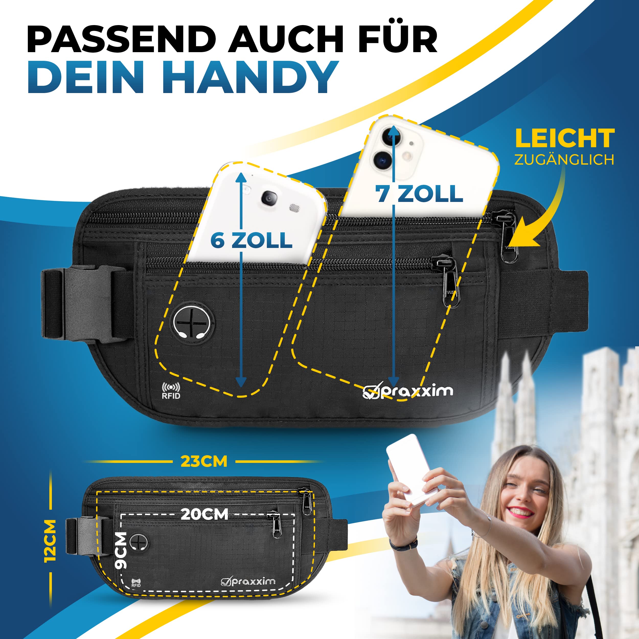 praxxim Die Bauchtasche zum Reisen - DIEBSTAHLSICHER mit RFID Schutz - Extra Flache Bauchtasche unter Kleidung tragbar - Hüfttasche - Reisebauchtasche - Geldgürtel für Damen und Herren