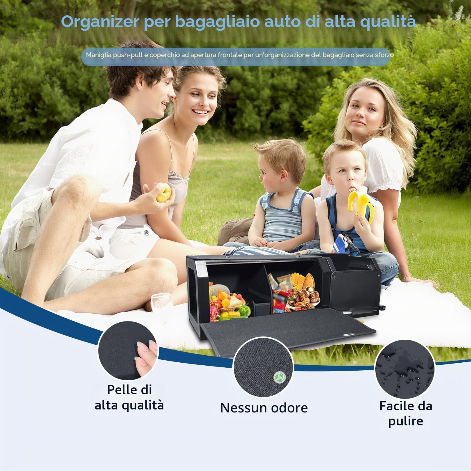 Organizer per bagagliaio auto con coperchio – Scatola di stoccaggio modulare 2 in 1 Grande XXL | Robusto manico estraibile, Pelle resistente, Telaio in ABS | Borsa per bagagliaio con sub-box(92cm