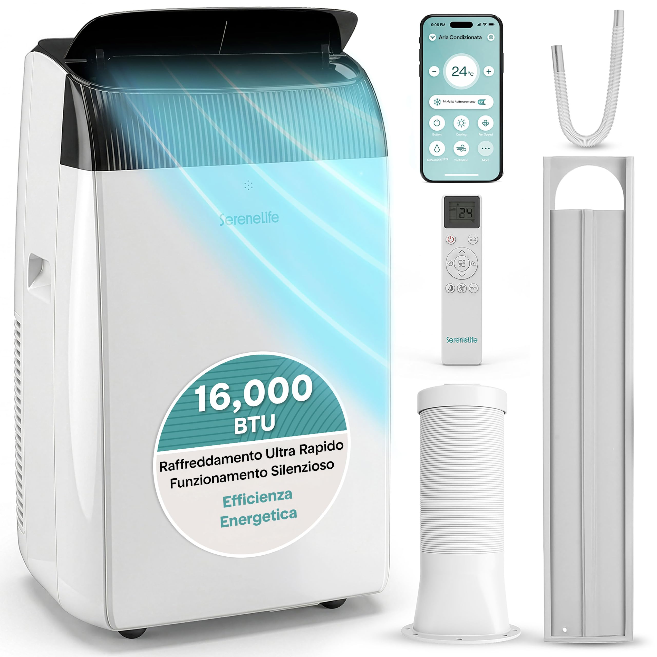 SereneLife Aire Acondicionado Portátil 16000 BTU con WiFi, Climatizador 4 en 1 Frío, Calor, Deshumidificador y Ventilador, Silencioso, con Kit de Ventana, para Hogar y Oficina