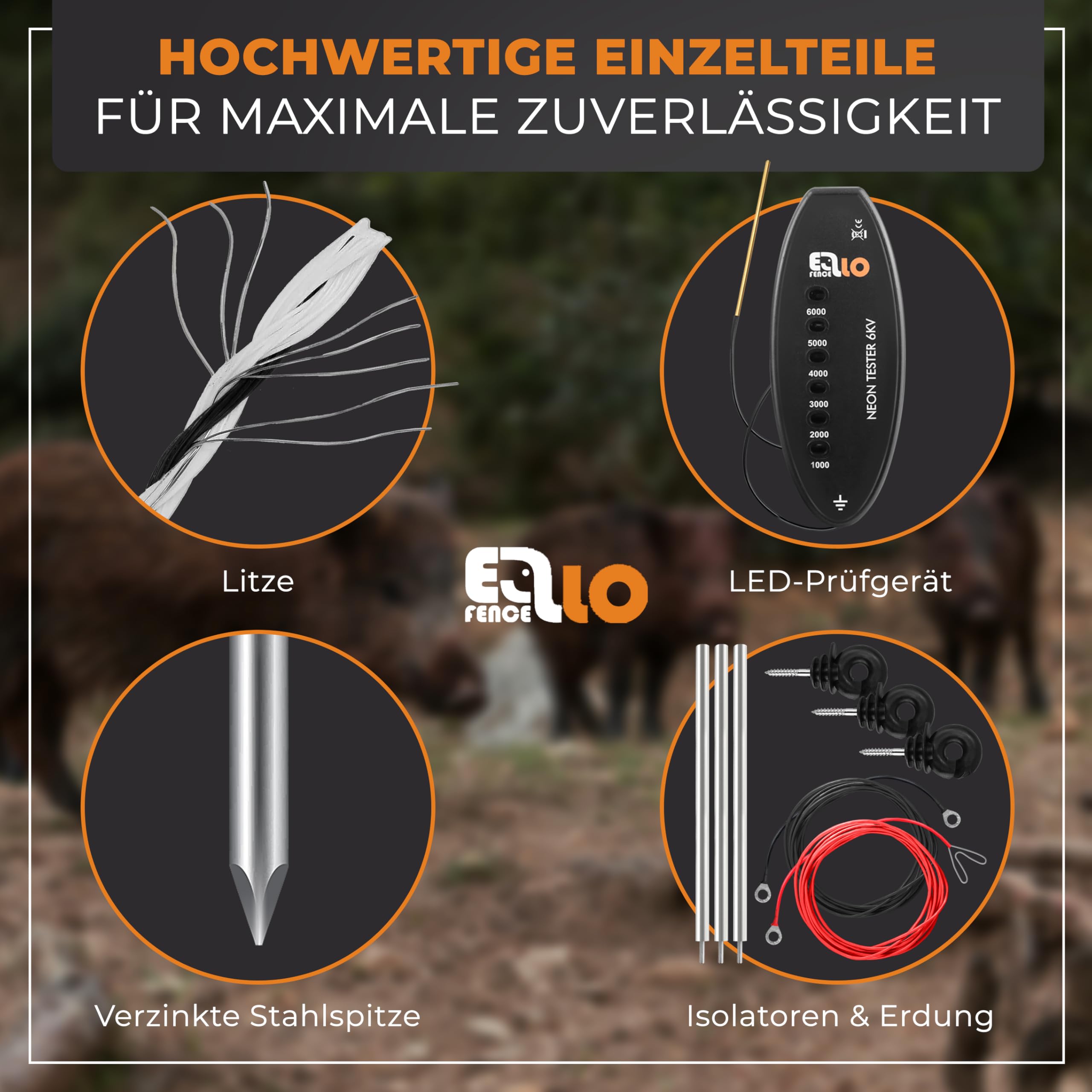 Wildschweinabwehr Set 50m | Wildschweinschutz durch Stormzaun | ALL-IN-ONE Set | Starkes 230V Weidezaungerät, 200m Litze, 10 Pfähle, 25 Ringisolatoren, Erdung, LED Prüfer & Warnschild