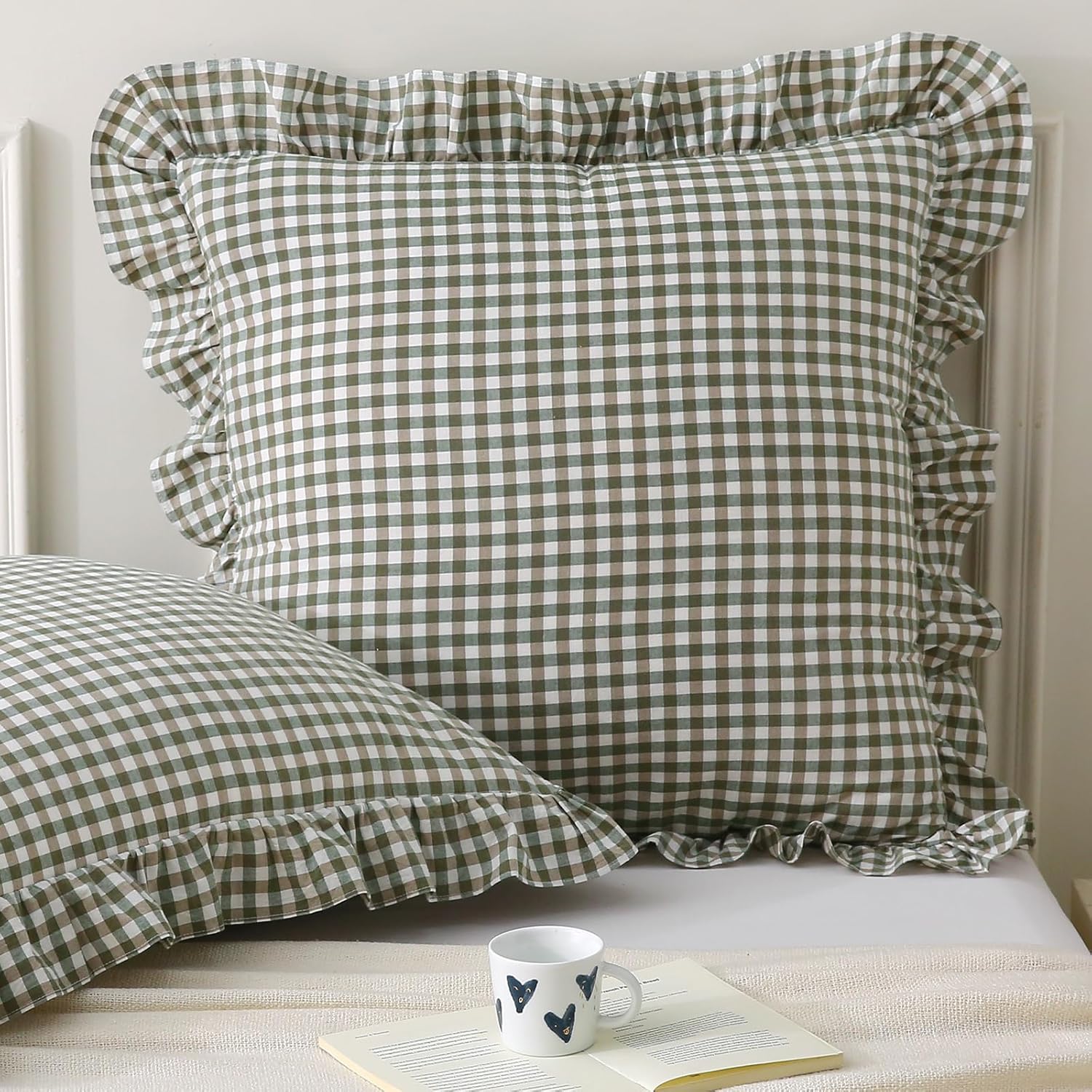 Aryeleay 2 Pack Sage Green White and Brown Plaid Gingham Ruffle Pillow Shams, 100% Washed Cotton Checkered Farmhouse Pillow Covers for Bed/Sofa-24 x24