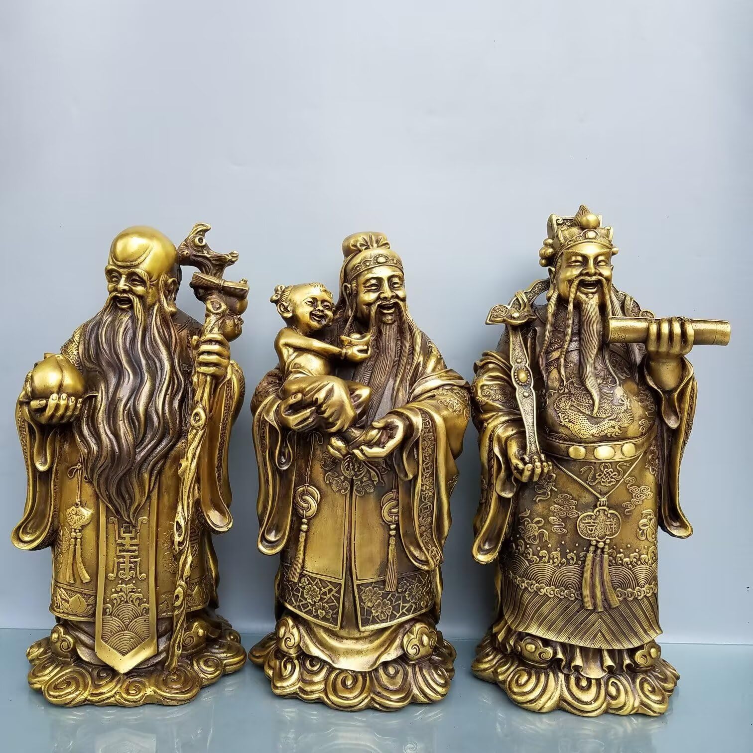 Dytartzx Pure Copper Fu Lu Shou Three-Star Statue Chinese Celestial Fu Xing Shou xing Lu Xing Home furnishings