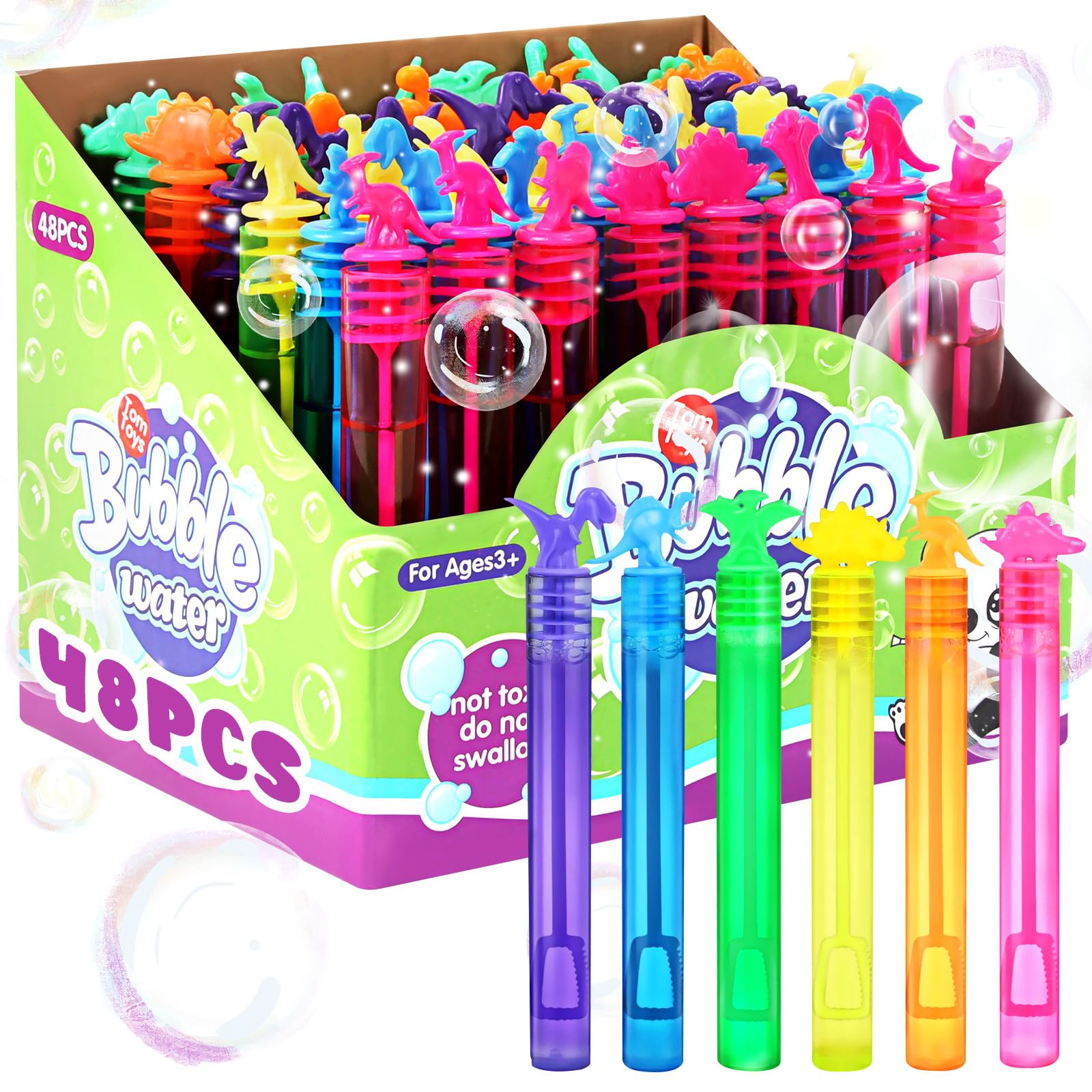 TIME4BUY 48 Piezas Mini Varitas de Burbujas, Varita de Burbujas de Dinosaurio, Juguetes para Hacer Burbujas para Niños, Juguetes Exterior de Verano, Favores de Fiesta para Niños y Niñas