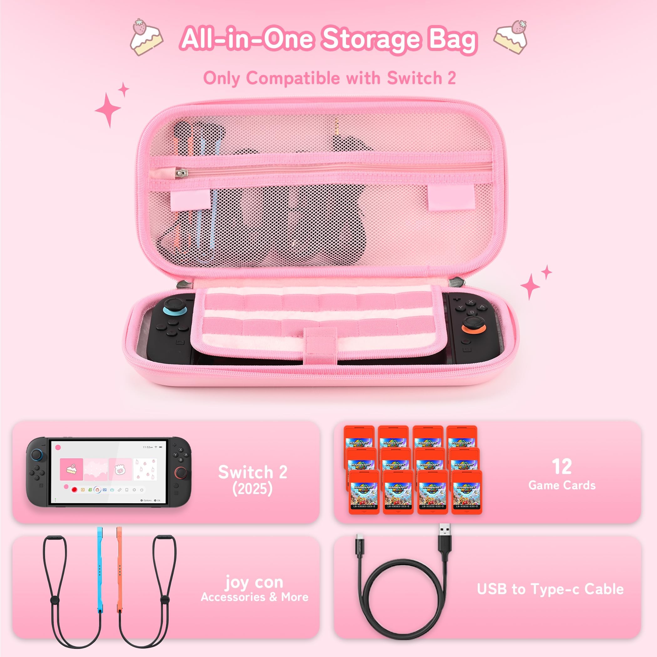 Kuitmor Étui de Transport Compatible avec Switch 2 (2025) 7,9 Pouces, Coque Rigide Mince pour Voyage avec 12 Emplacements de Cartes de Jeu pour Console Switch 2 et Accessoires, Candy Party - HLK - 3