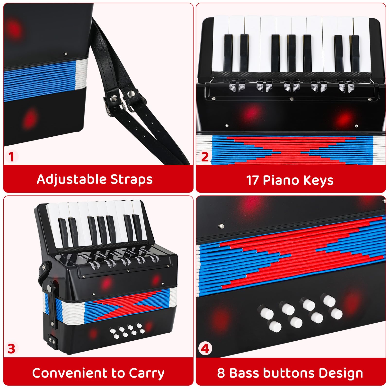 Fisarmonica per Bambini,17 Tasti 8 Bassi,Strumento Musicale a Pianoforte Organetto con Tracolla,Strument Musicale per Principianti,Fisarmonica a Bottonicon per Adulti e Bambini dai 3 anni (Nero)