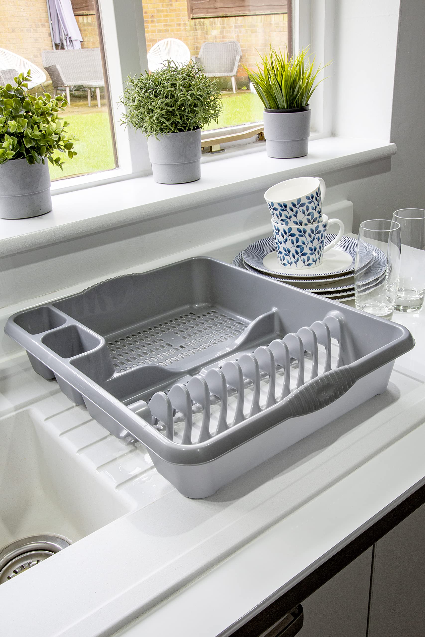 M1ss Silver Plastic Large Dish Drainer Dishes, Plates, Cups, Cutlery Holder Rack Draining Board Drying Tray Racks Kitchen Sink Holder For Daily Use - (Large)