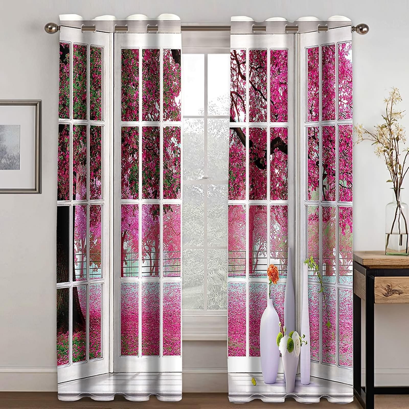 Zasłona okienna zaciemniająca, białe różowe zasłony okienne poliester kwiaty wiśni 2 panele 428 x 214 cm