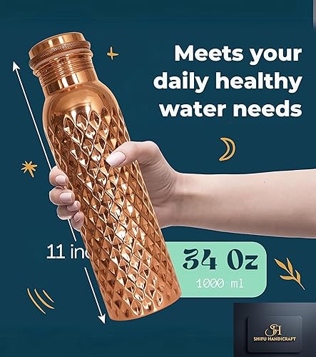 Miniatura 4 de Botella de agua de cobre martillado para beber, extra grande de 34 onzas, botella de agua ayurvédica de cobre puro, hecha a mano, a prueba de fugas,