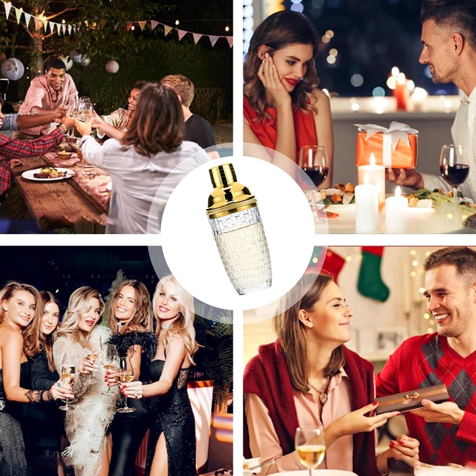 Shaker da Cocktail 400 ml, Set di shaker per cocktail in Acciaio inox e Vetro, Shaker con colino misurino e cucchiaio per casa, bar, vino, succhi di frutta misti, bevande (Oro-2)