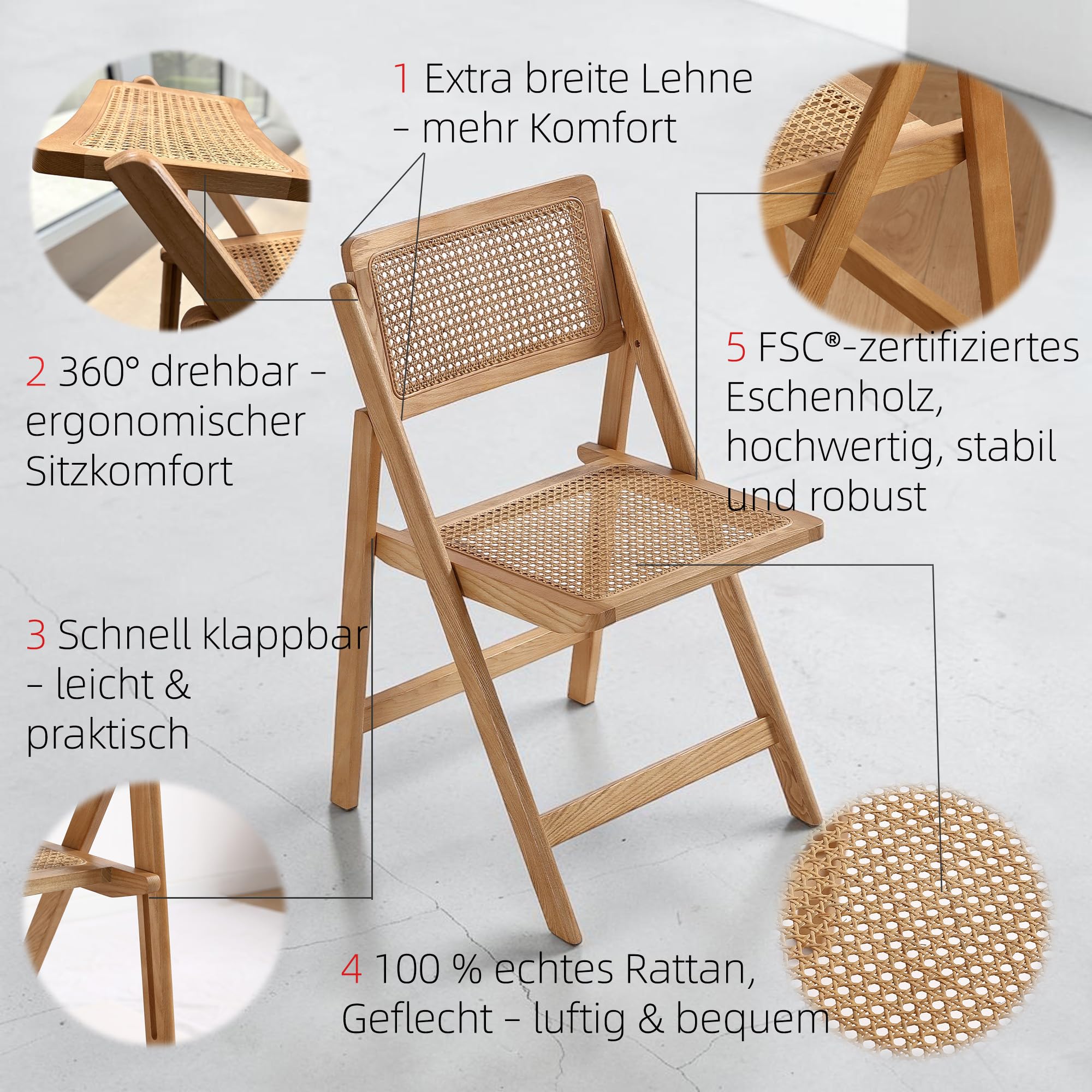 FSC® Klappstuhl aus Holz und Wiener Geflecht/Holzstuhl mit Rattan/Holzklappstuhl für Esszimmer/Campingstuhl| Natural Farbe