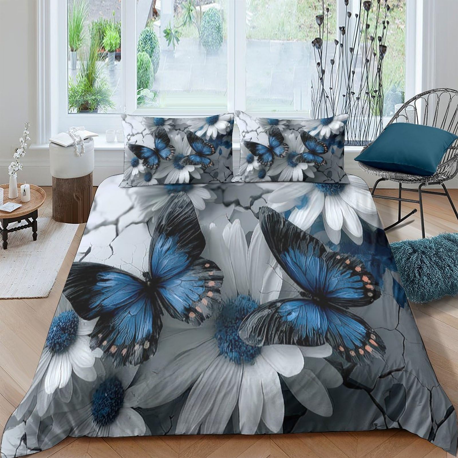 Ctjqhvkz Style-3 3D Printed Blue Butterfly Fitted Sheet Microfiber Soft Grey Daisy Mattress Cover For Bedroom Living Room Decor Single（135X200cm）