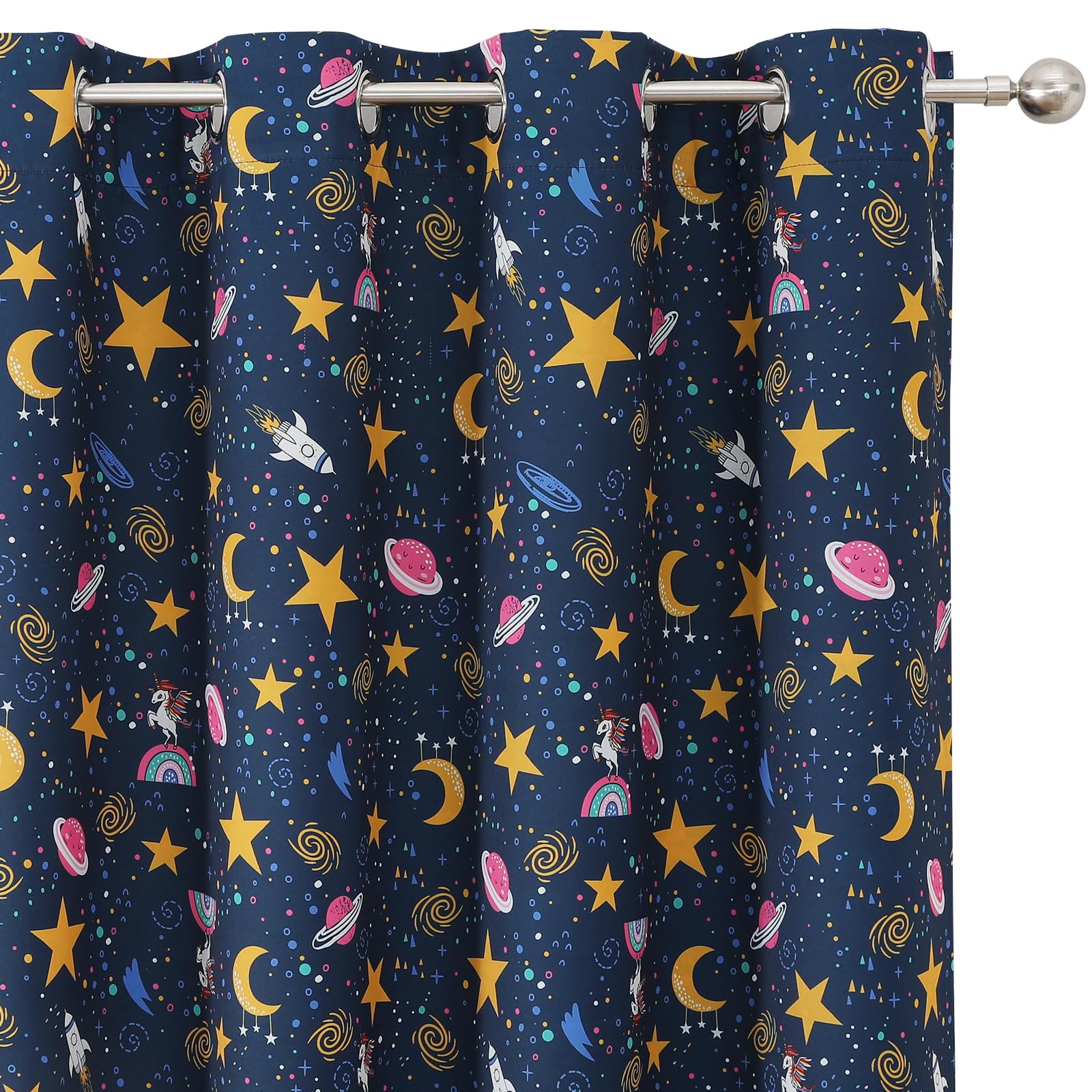 Navy Blue Star Moon Theme Blackout Curtains 63 Inches Long for Boys Bedroom