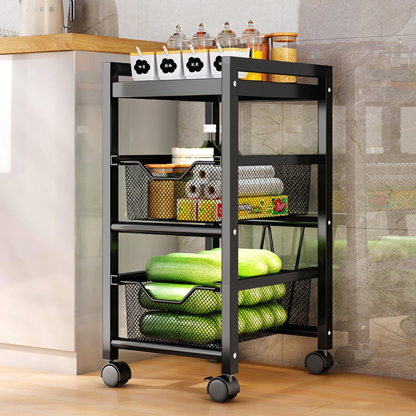 ☆隙間収納　キャスター付きで移動も楽々　収納ワゴン　ラック Amazon.co.jp: キッチンワゴン 隙間収納 キャスター付き 25cm