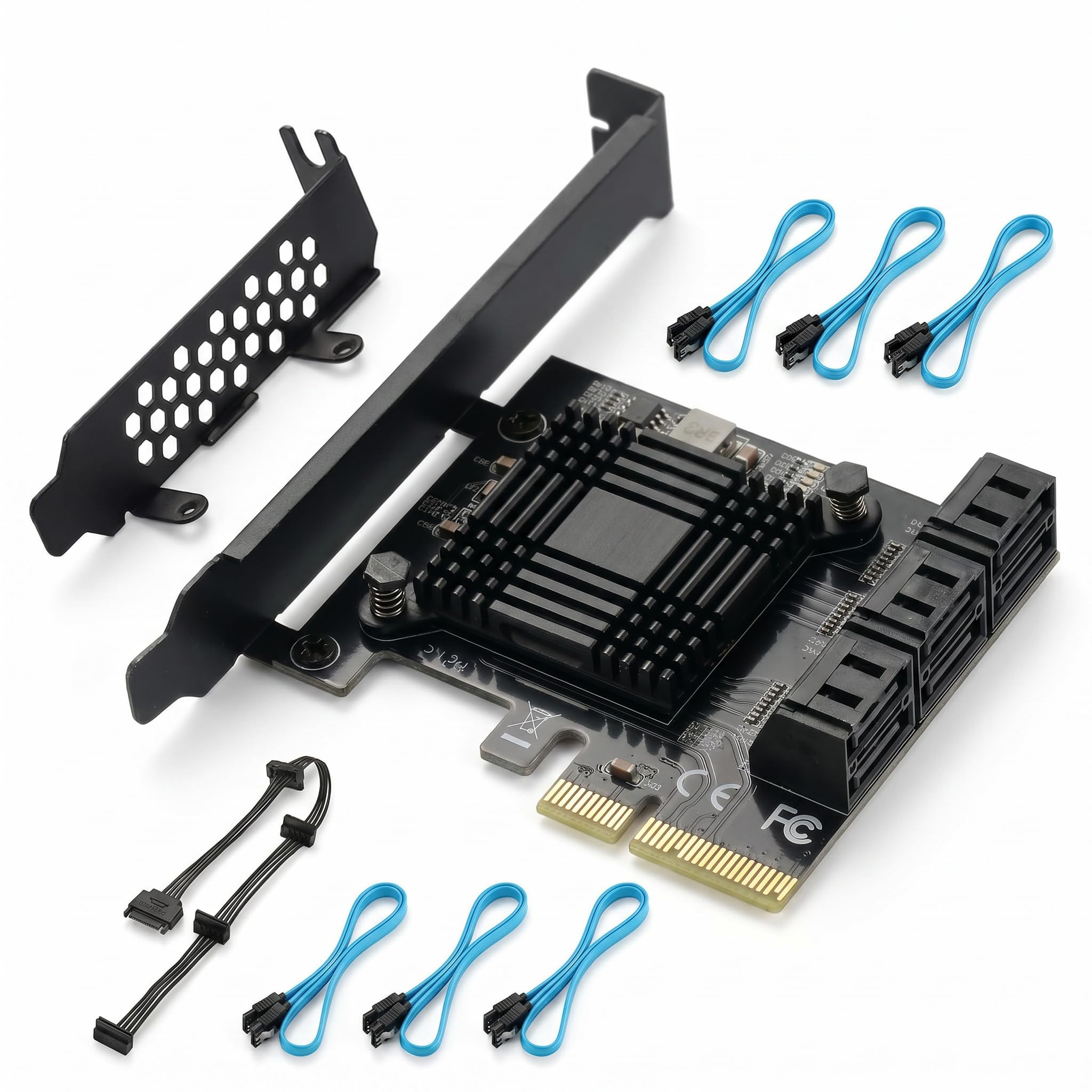 PCIE Schnittstelle-4X SATA Karte 6 Ports, mit 6 SATA Kabel und Low Profile Halterung, PCIE zu SATA 3.0 6 Gbps Controller, ASM1166 Chip