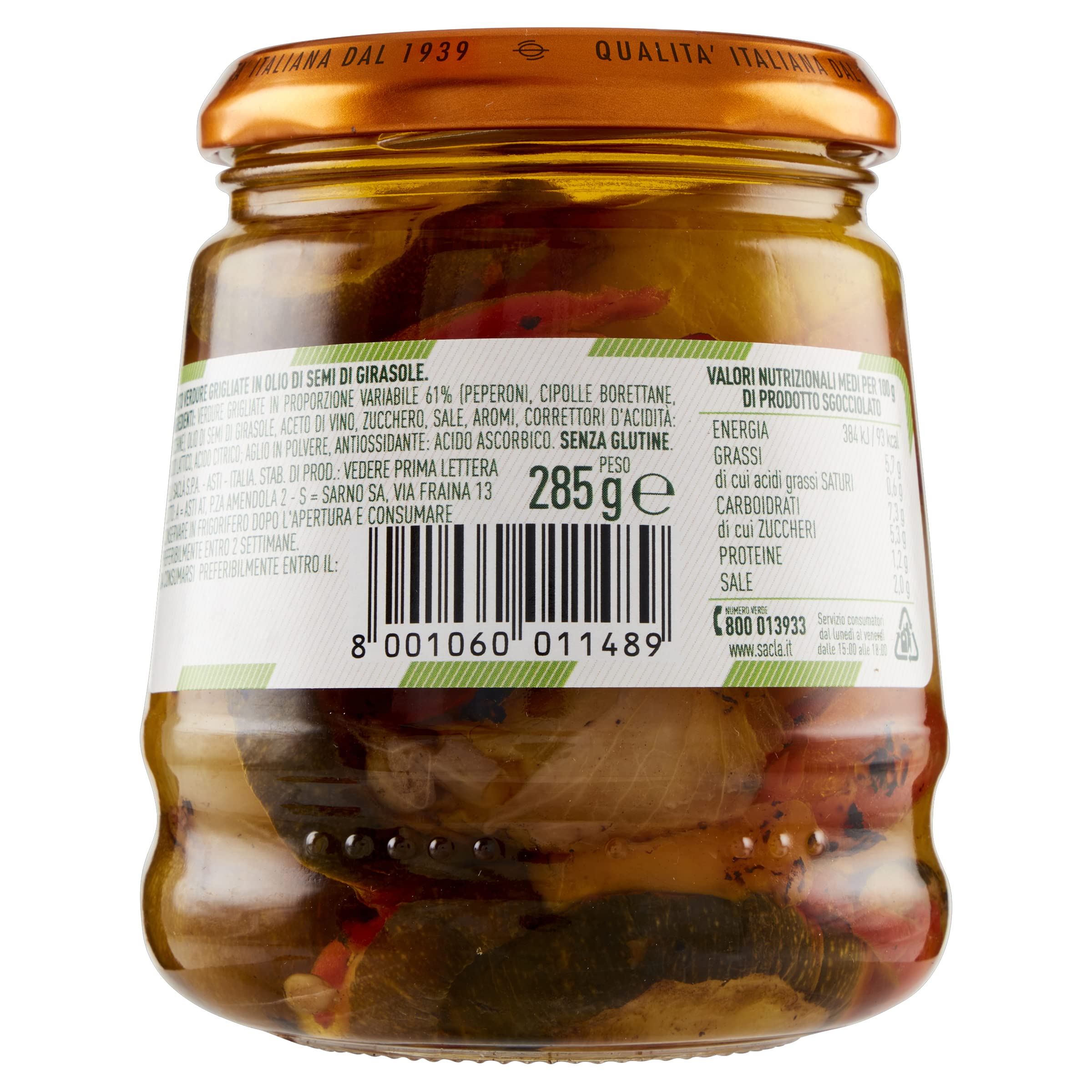 Saclà, Sottoli Grigliati, Verdure Grigliate, Ideali per Antipasti, Contorni e per le Tue Preparazioni, Vaso Vetro, 285g, Confezione da 12 Pezzi