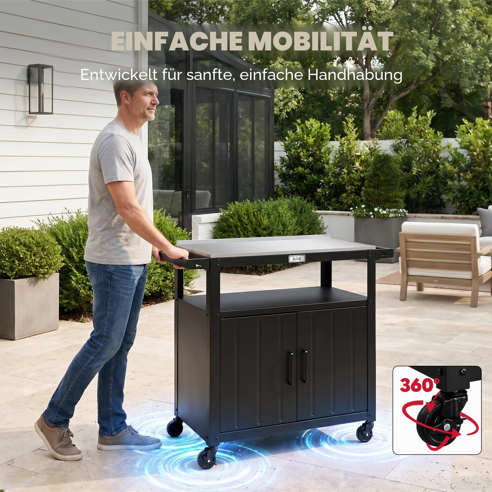 Outdoor-Grillwagen mit Edelstahl-Tischplatte und Aufbewahrungsschrank, bewegliche Kücheninsel mit Rädern für BBQ-Lebensmittelzubereitung, Schwarz | Bewegliche Kücheninsel mit Rädern, BBQ Food Prep