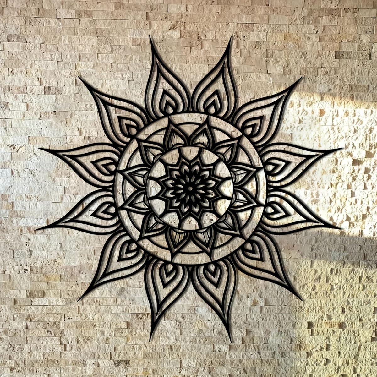 Decoración de pared abstracta contemporánea de metal, gran mandala solar, arte de 40 cm, hierro negro estilo boho con motivos florales, decoración moderna para interiores y exteriores, ideal para