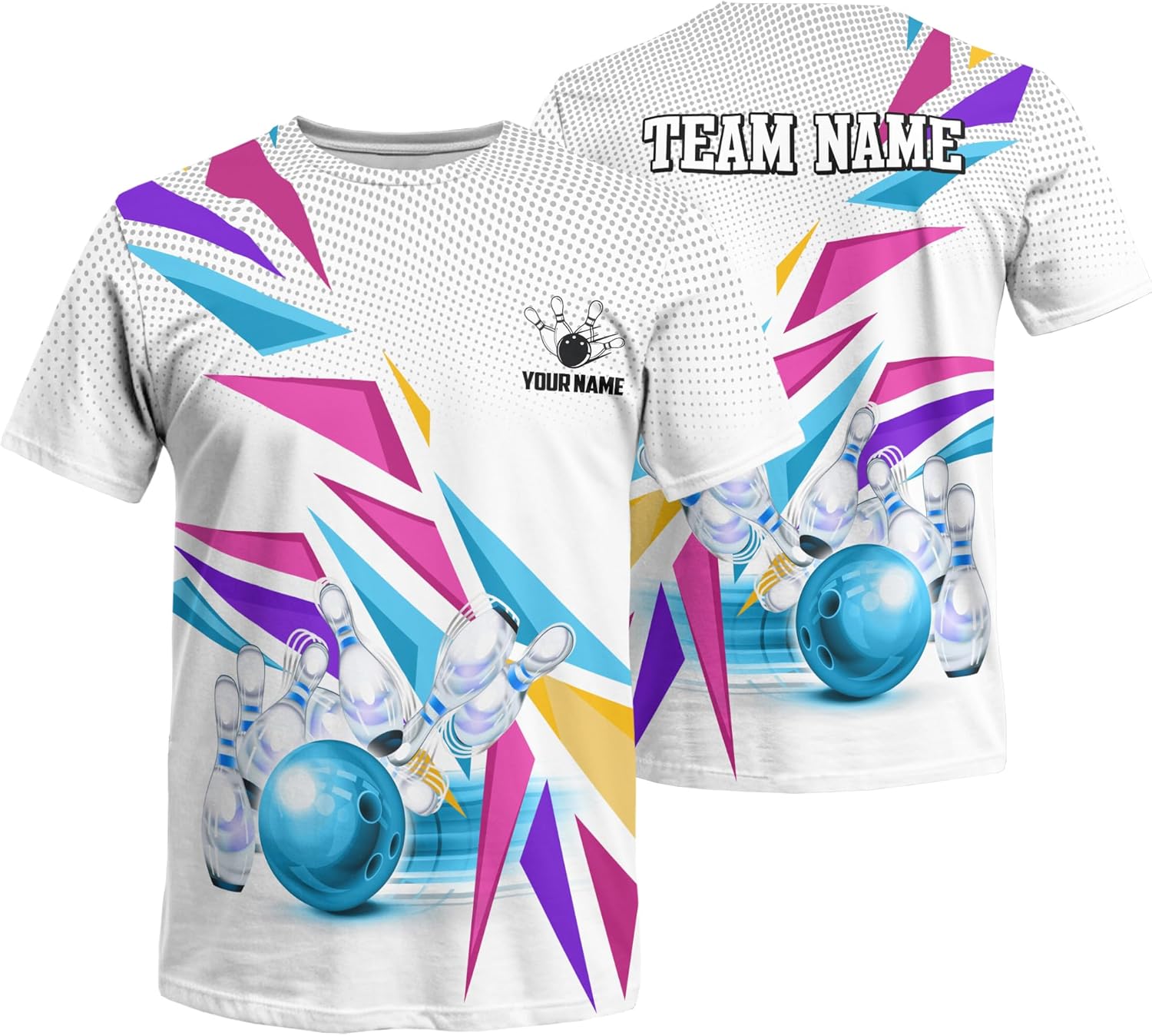 Custom Name Bowling T-Shirt Print Top with Bowling Theme and Colorful Geometric Pattern Graphic On it for Bowler