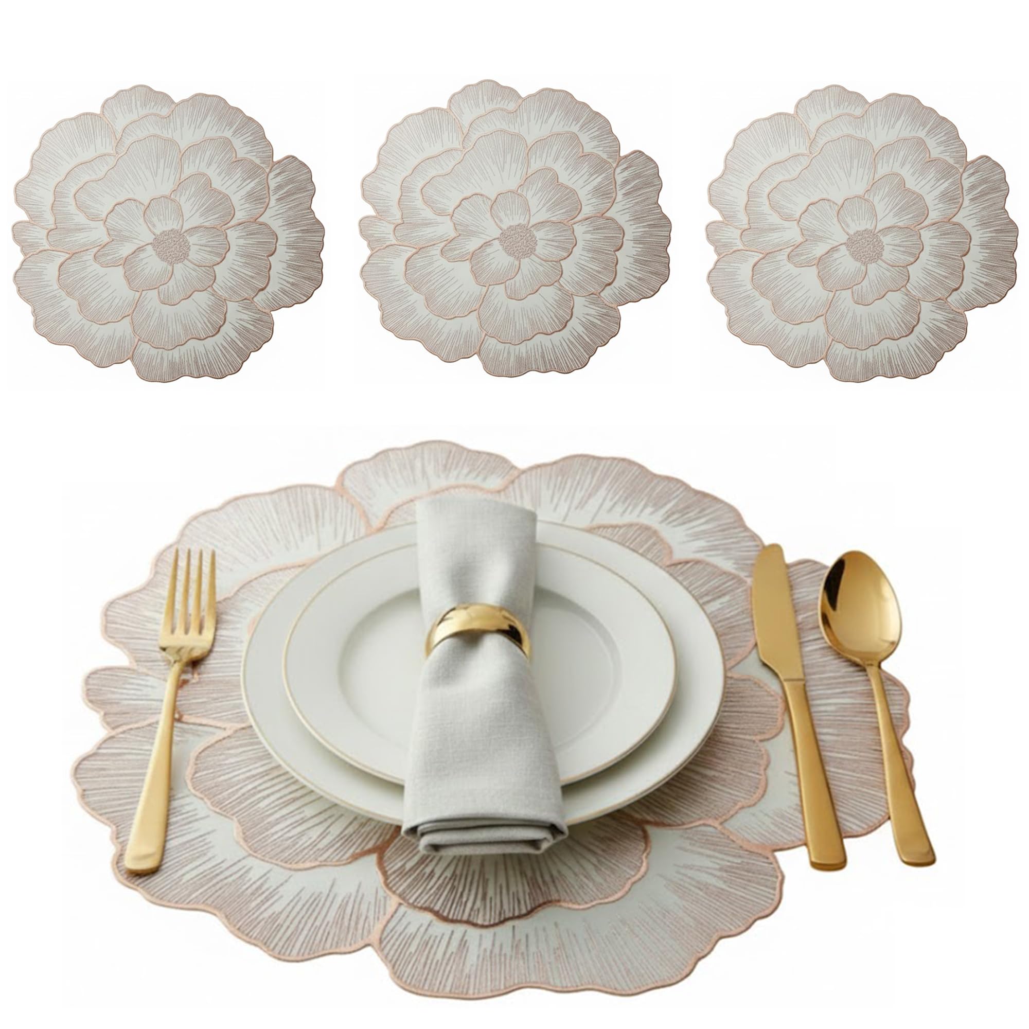 4 x Dubai Table Placemats 38cm Round Woven Flower Design Placemats Heat Resistant Table Mats for Dining Kitchen Table Decor (Gold)
