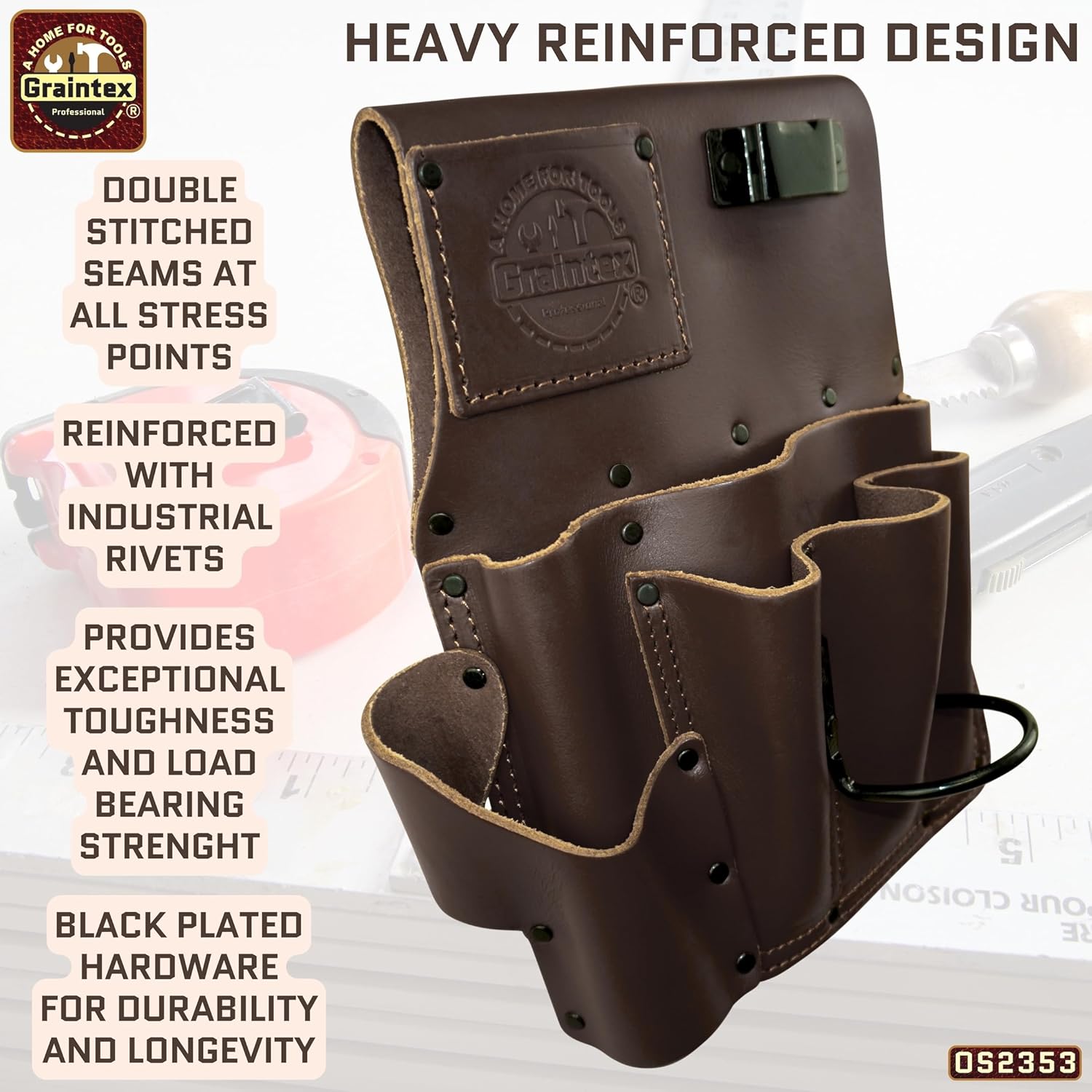 Graintex Drywall Pouch Brown Color Heavy Duty Top Grain Leather, Steel Hammer Holder, Drywall Tool Belt, Framers Tool Pouch, Construction, Carpenter, Electricians - OS2353