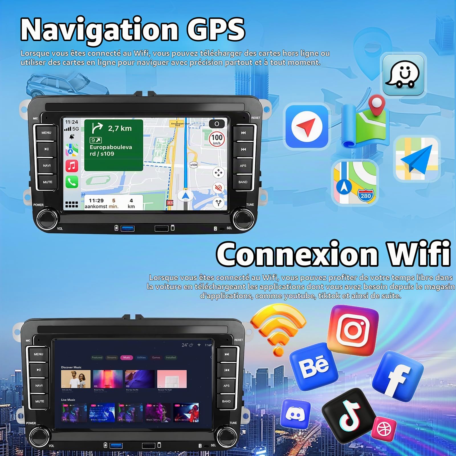 Autoradio pour VW Golf 5 Tiguan Touran Passat Polo Skoda Caddy Seat avec Carplay sans Fil Android Auto 2+64G 7" Écran Tactile Navi/WiFi/FM/RDS/SWC/Canbus/Bluetooth/EQ+Caméra AHD+Microphone