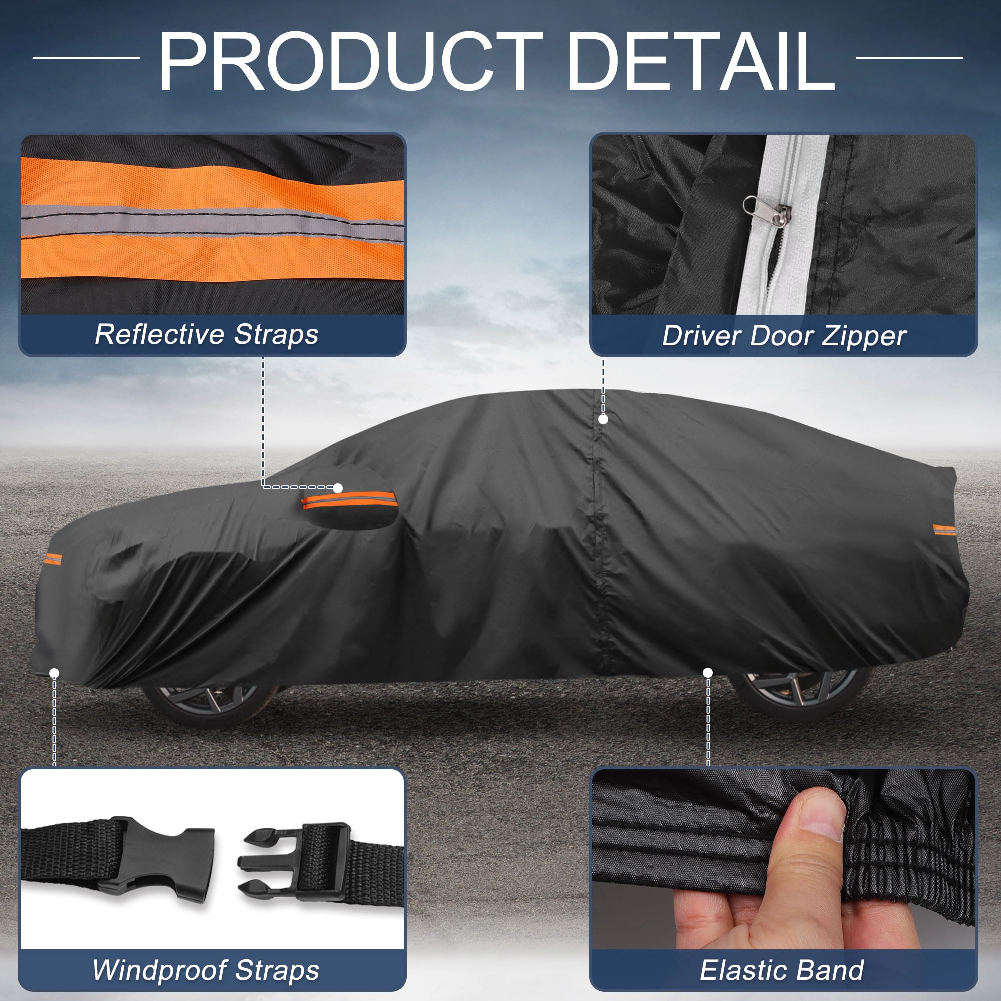 X AUTOHAUX Car Cover Outdoor Waterproof Sun Rain Snow Hail Protection with Left Side Door Zipper 210D-PU for — view 6