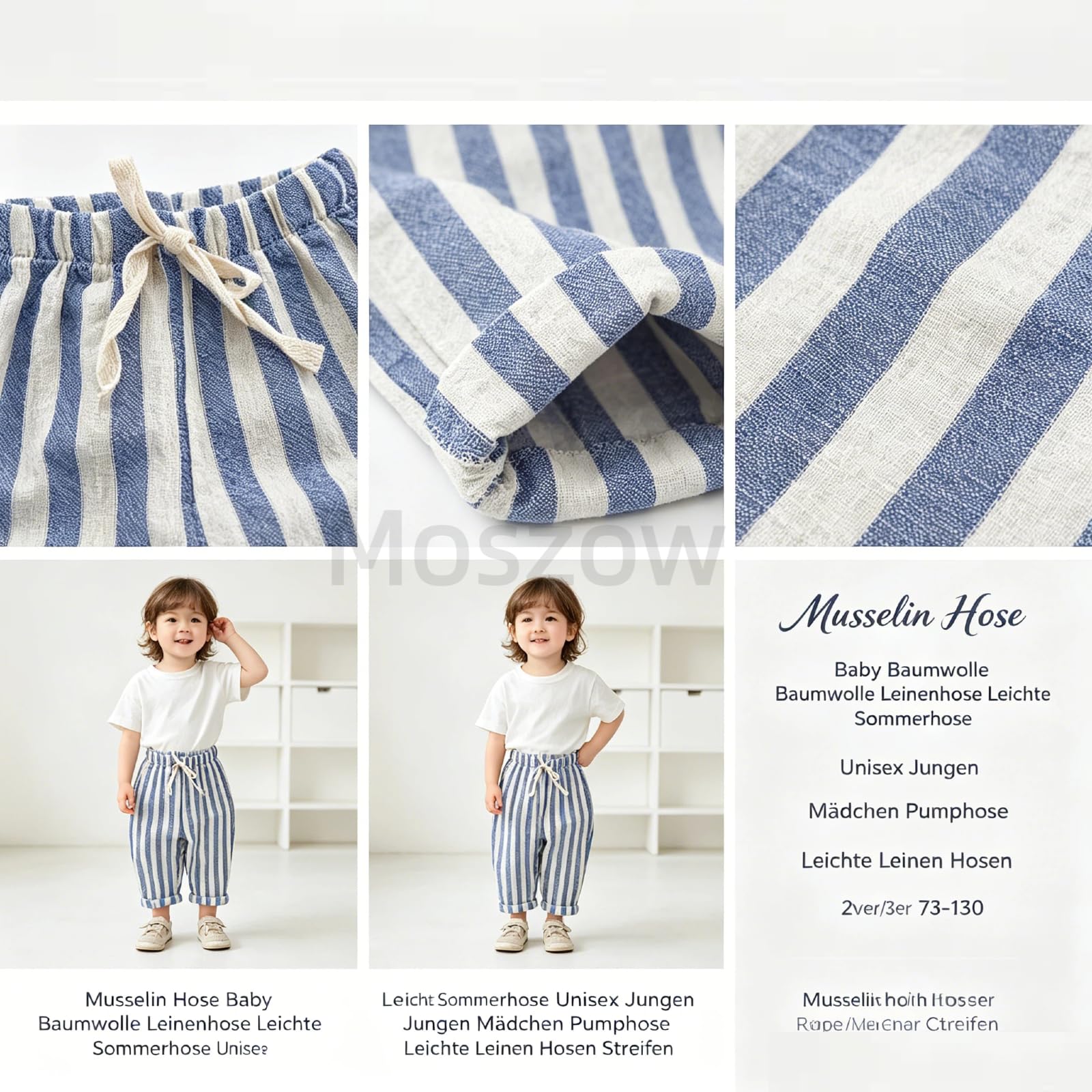 Pantalon d’Été Bébé en Mousseline de Coton – Pantalons en Lin Léger Unisexe Garçon Fille Pumphose Confortable Rayé Long Pantalons Respirant Enfant Lot de 2/3 73-130CM Pantalon Sarouel