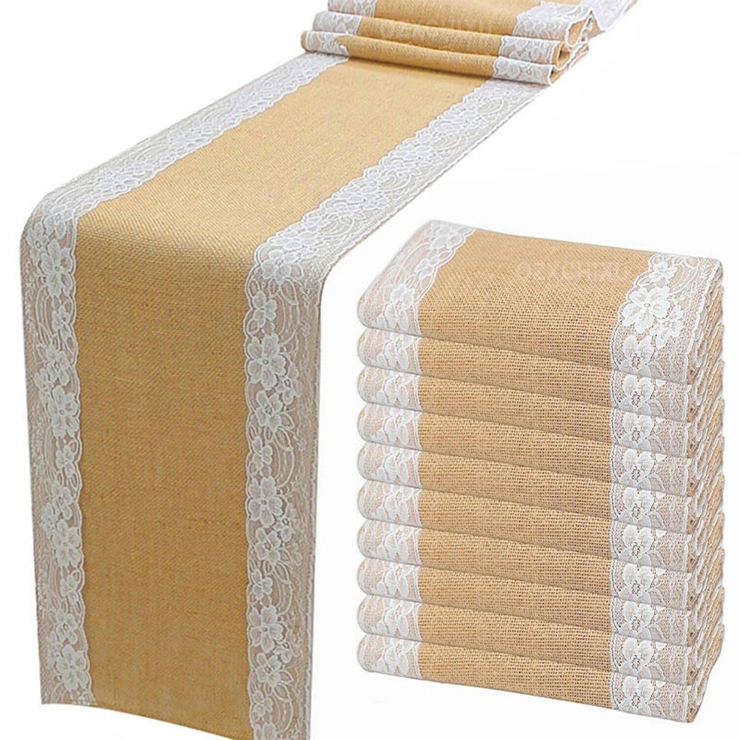 RAEF Chemin de Table en Jute, 30x275cm, 5 pièces, Chemin de Table Rustique en Toile de Jute et Dentelle hessienne pour décorations Artisanales de Mariage et de fête