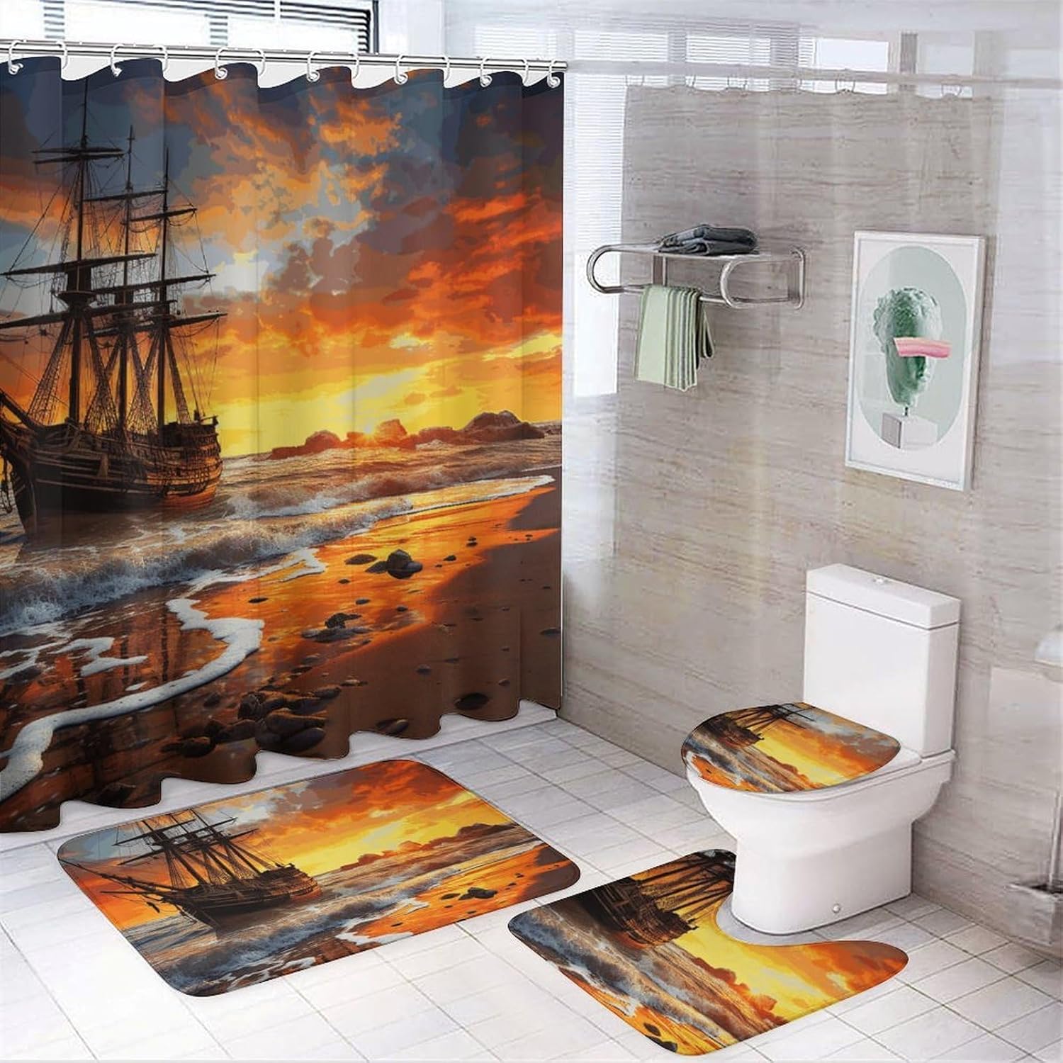 Pirate Ship in The Sunset Shower Curtain Set 4 Piece, Non-Slip Bath Mat with Toilet Lid Cover and Waterproof Shower Curtain with 12 Hooks, Complete Bathroom Set for Home Decor