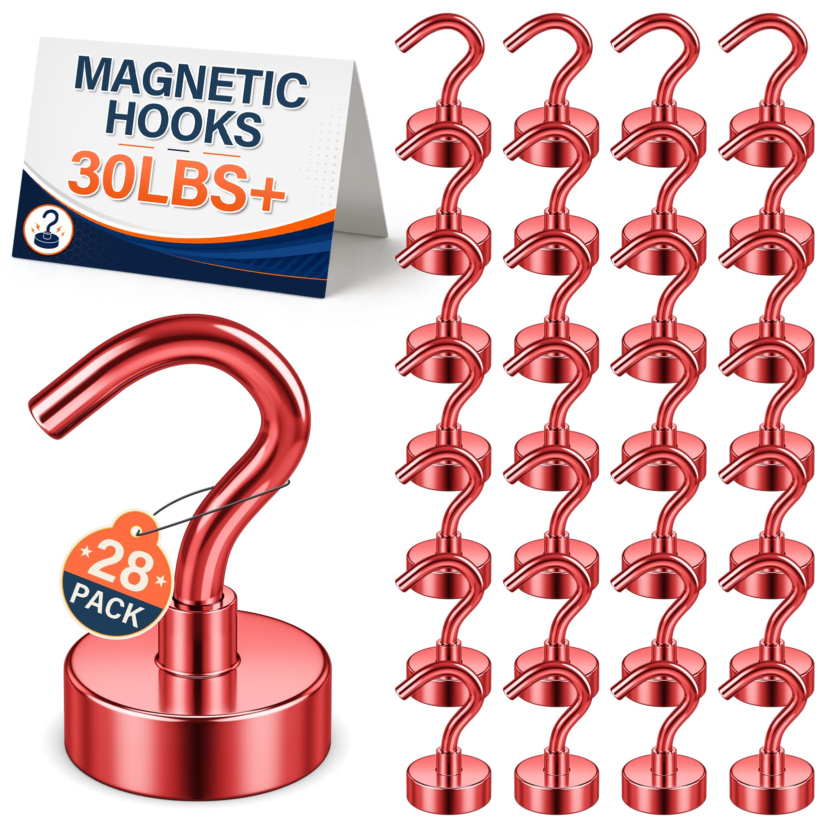 FINDMAG 28 Pack Magnet Hooks, 30LB+ Magnetic Hooks for Cruise Cabins, Red