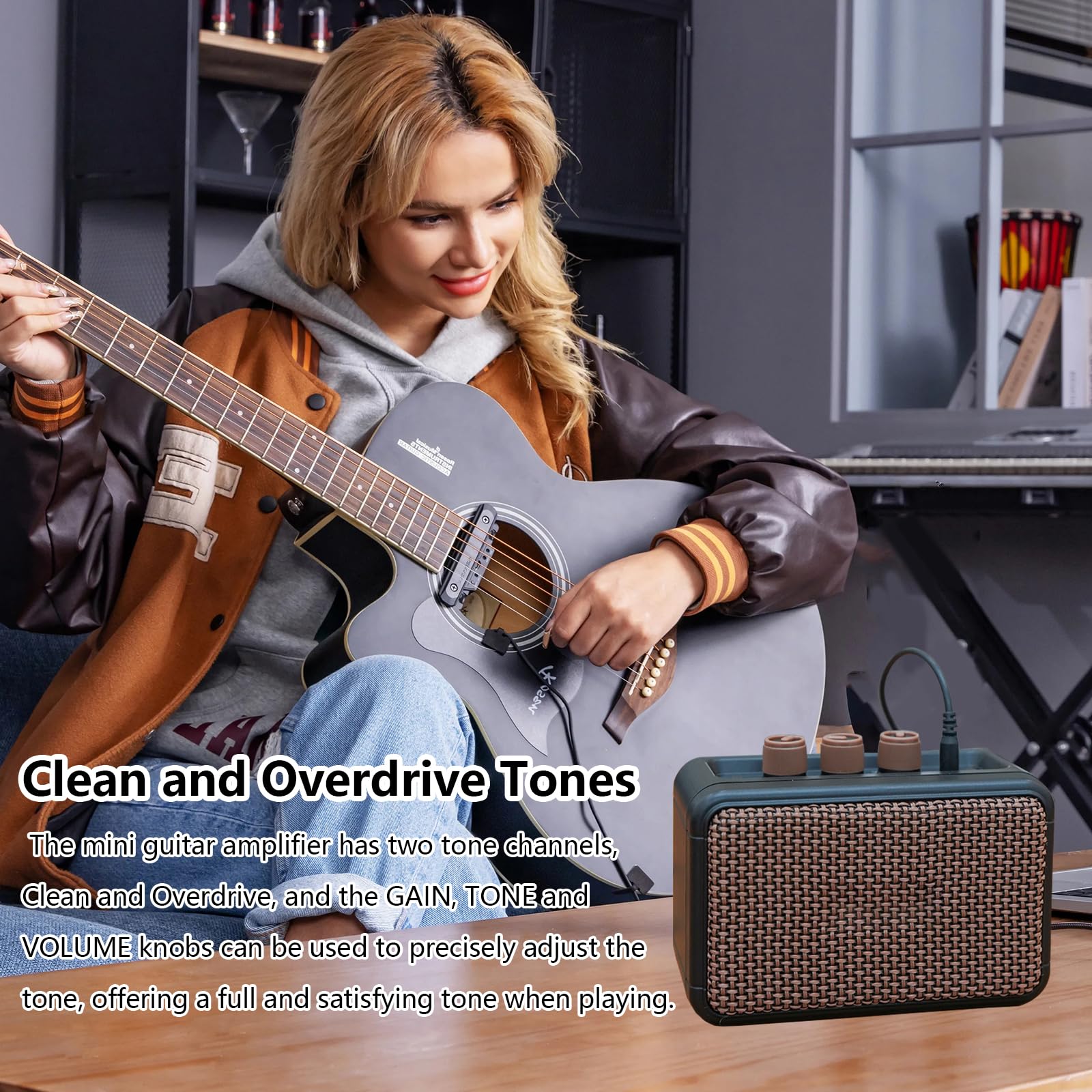 Mini-Gitarrenverstärker, 5W Aufladbarer tragbarer Übungsverstärker mit Overdrive- und Clean-Effekten Bluetoothh Dual Speakers E Gitarre Verstärker für Heimübungen und Musikparty