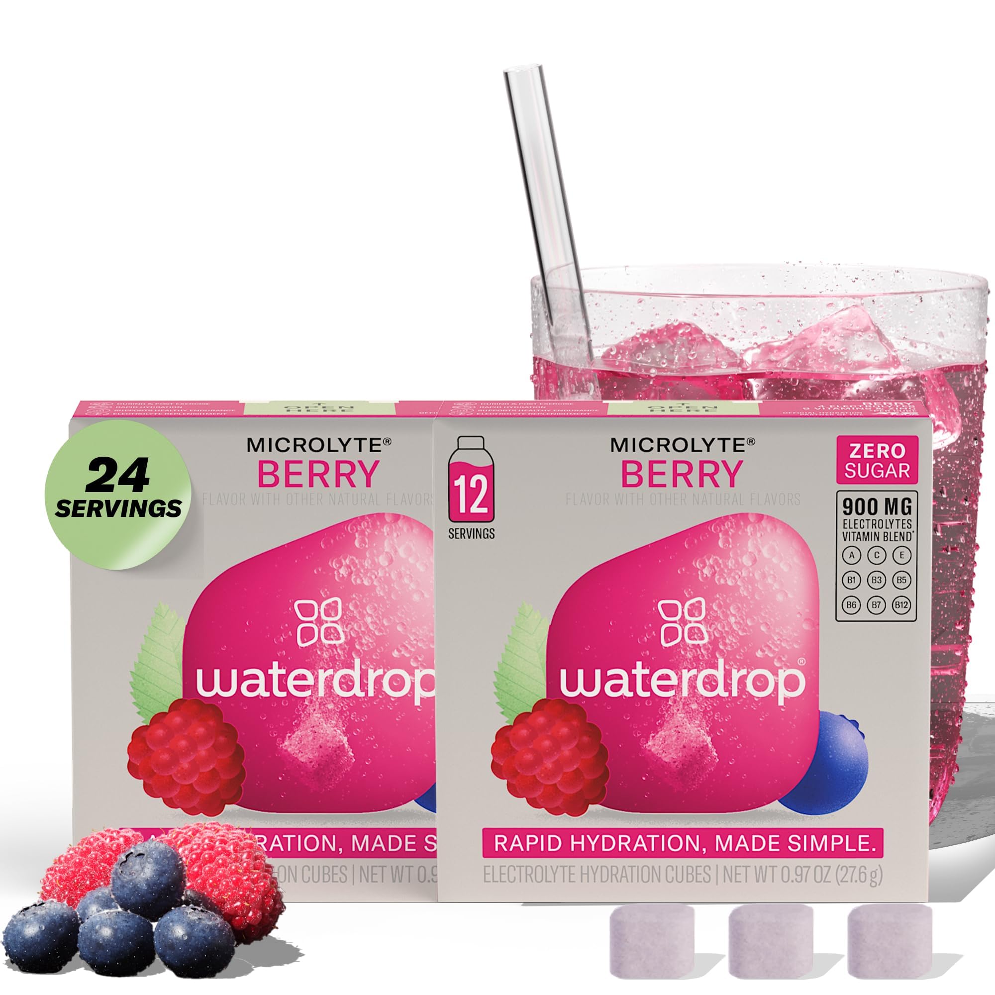 Waterdrop Microlyte Hydration Cubes, Berry Flavor, Electrolyte Drink Mix with Zinc, Magnesium, Potassium, Calcium & 9 Vitamins, Zero Sugar, Low Calorie, Sports Drink with Electrolytes, 24 Count