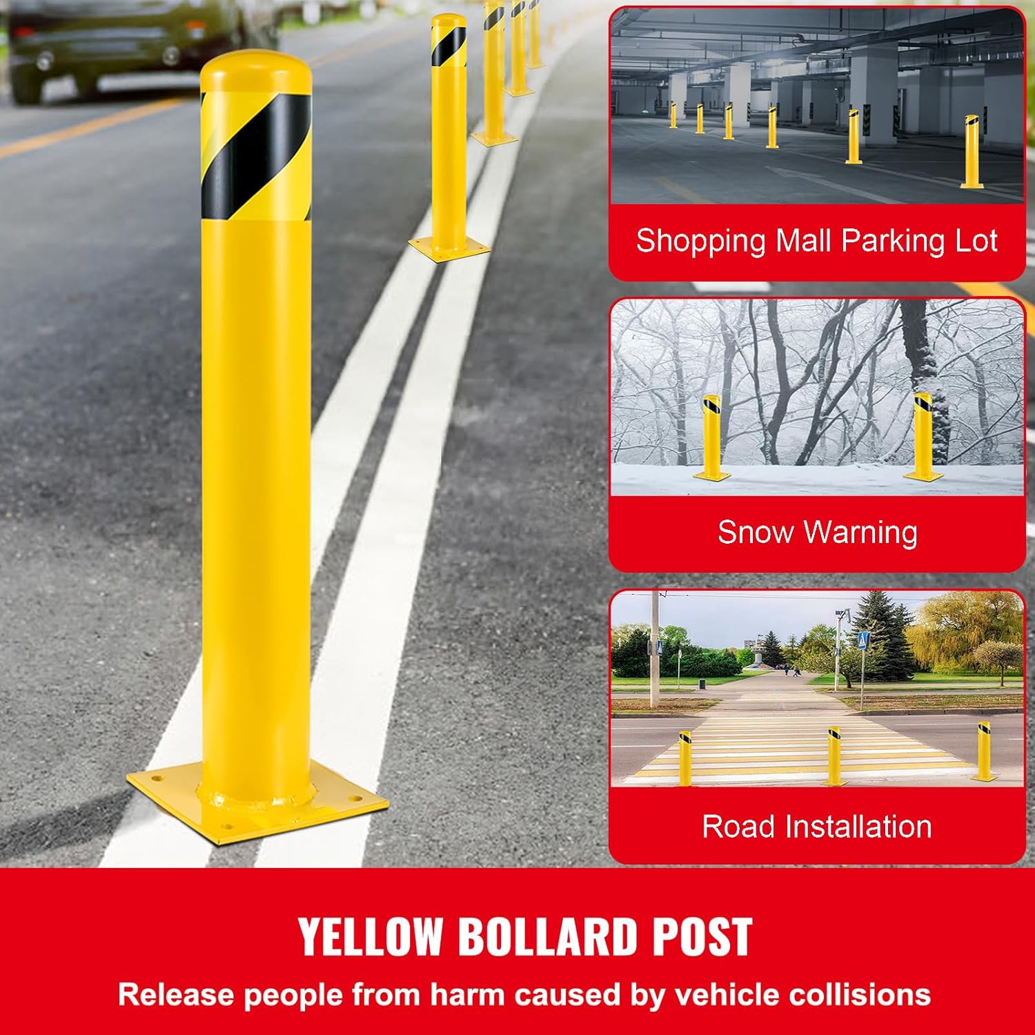 Happybuy Safety Bollard, 48" Steel Bollard Post, 4.5" Diameter, Yellow Powder-Coated Steel, Includes 8 Anchor Bolts, Ideal for Traffic-Sensitive Areas
