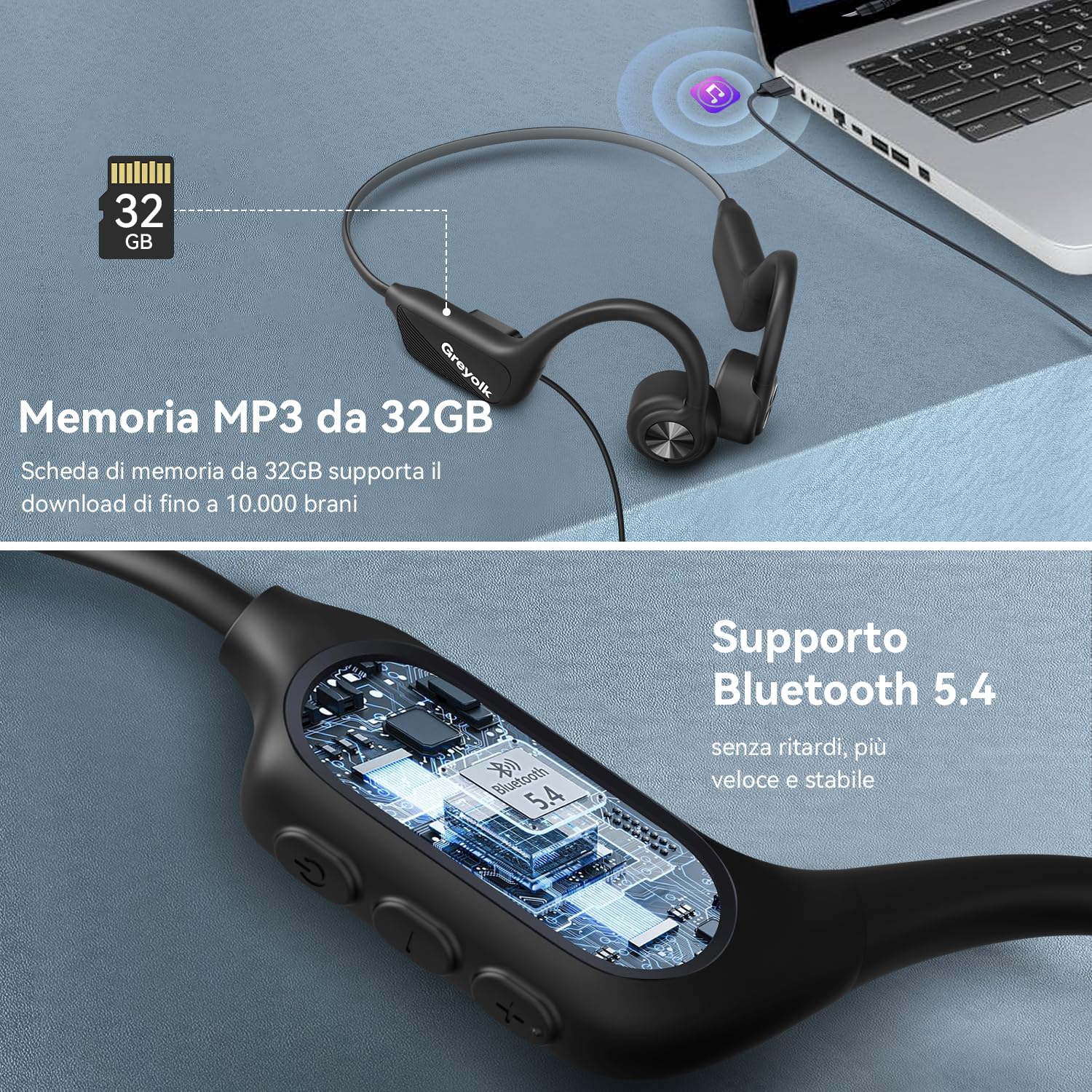 Cuffie a Conduzione Ossea IP68, Bluetooth 5.4 con Lettore MP3 32 GB, Open Ear, per Nuoto, Corsa e Sport all'Aperto