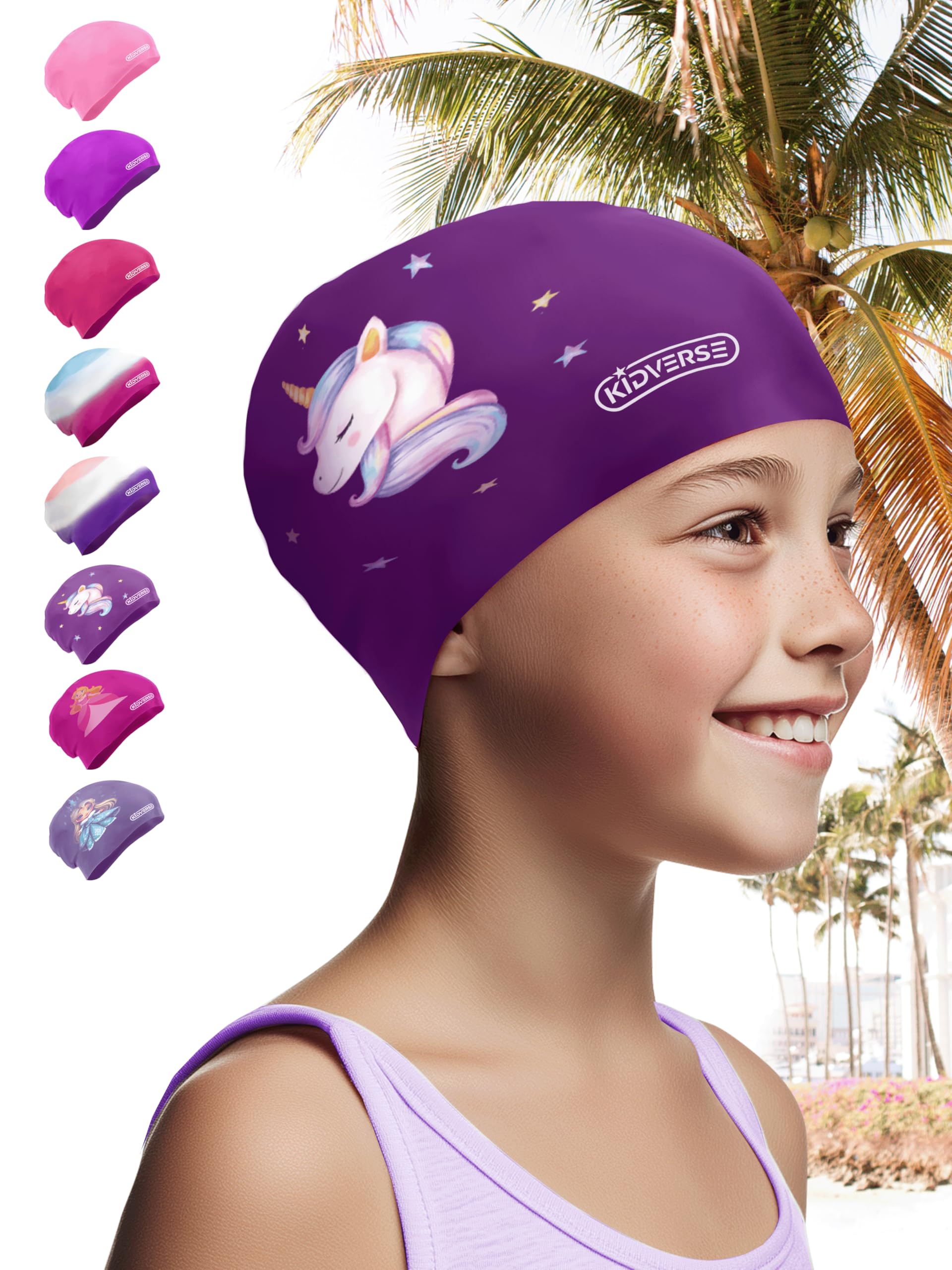 KIDVERSE Waterproof Kids Swimming Cap for Girls Swim Hat with Anti-Slip Grips - Comfortable Silicone Swim Cap Girls - Childrens Swimming Hat Kids with UV Protection