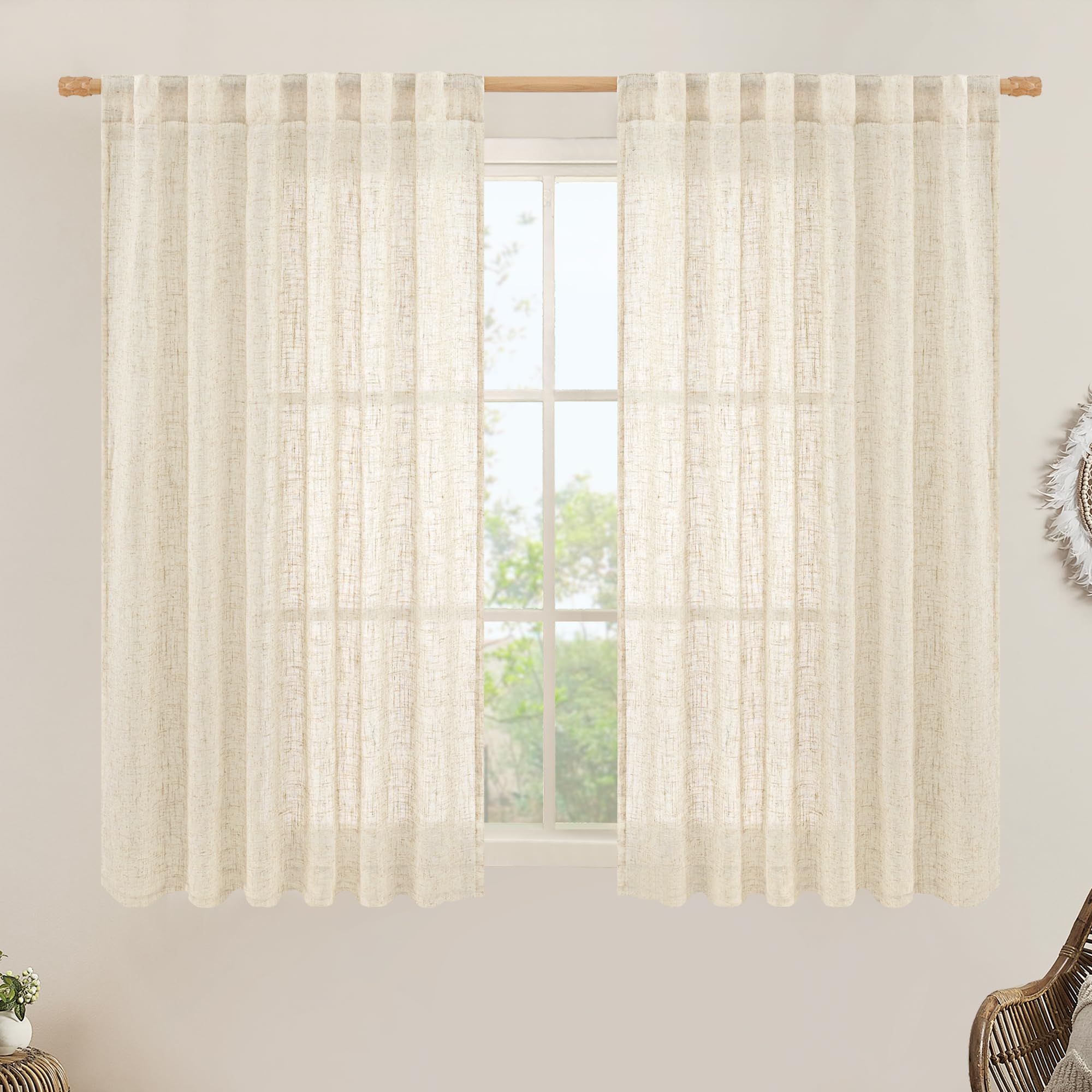 LAMIT Beige Linen Curtains 45 Inches Long for Bedroom, Light Filtering Panels Back Tab and Rod Pocket Neutral Drapes for Kitchen/Window/Loft Room, 52 x 45 Inch, 2 Panels โ image 1
