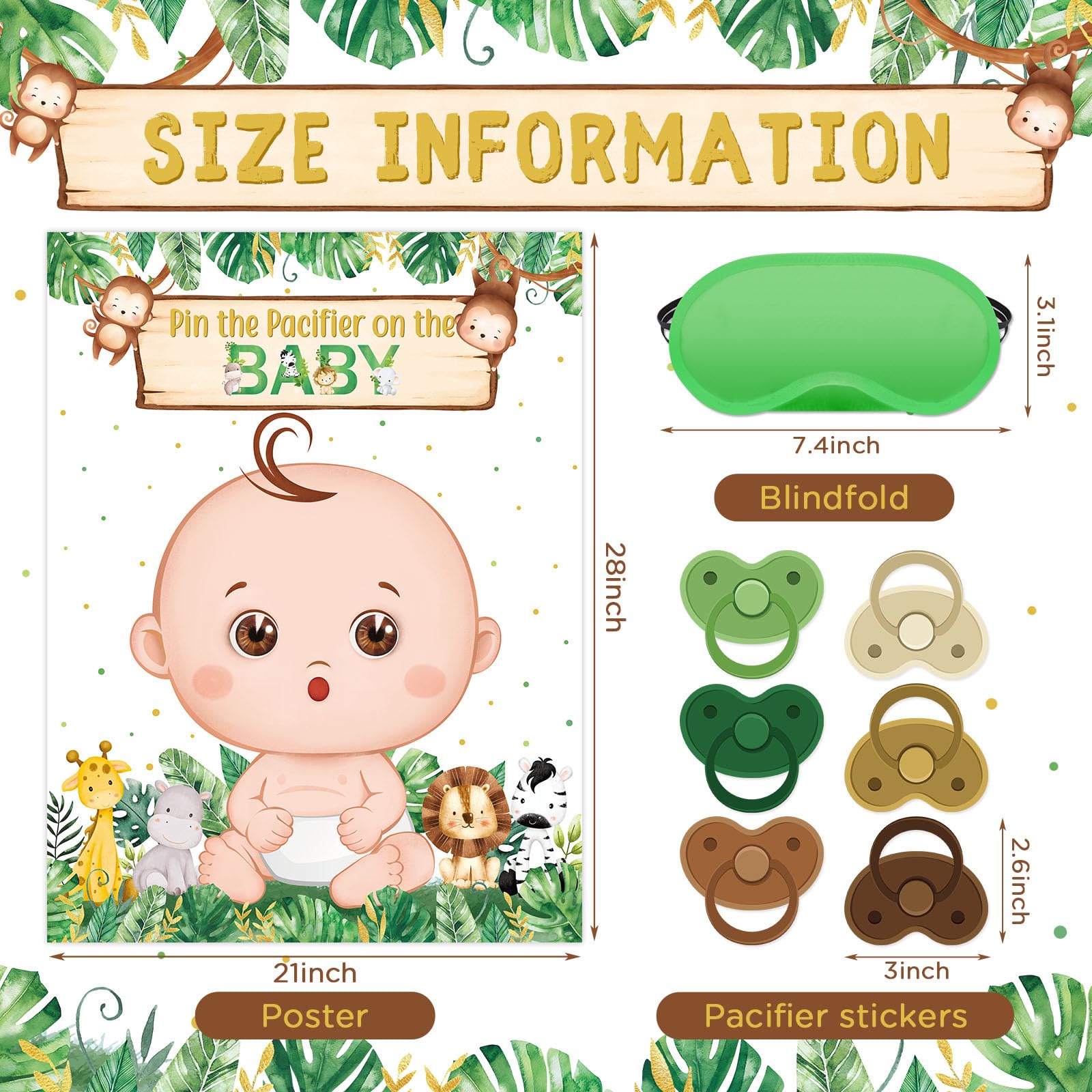 Faccito Pin the Pacifier on Baby Game Safari Jungle Baby Shower Game with Sage Green Animals Baby Poster Blindfold and 24 Pacifier Stickers for Baby Shower Birthday Party Decorations Supplies