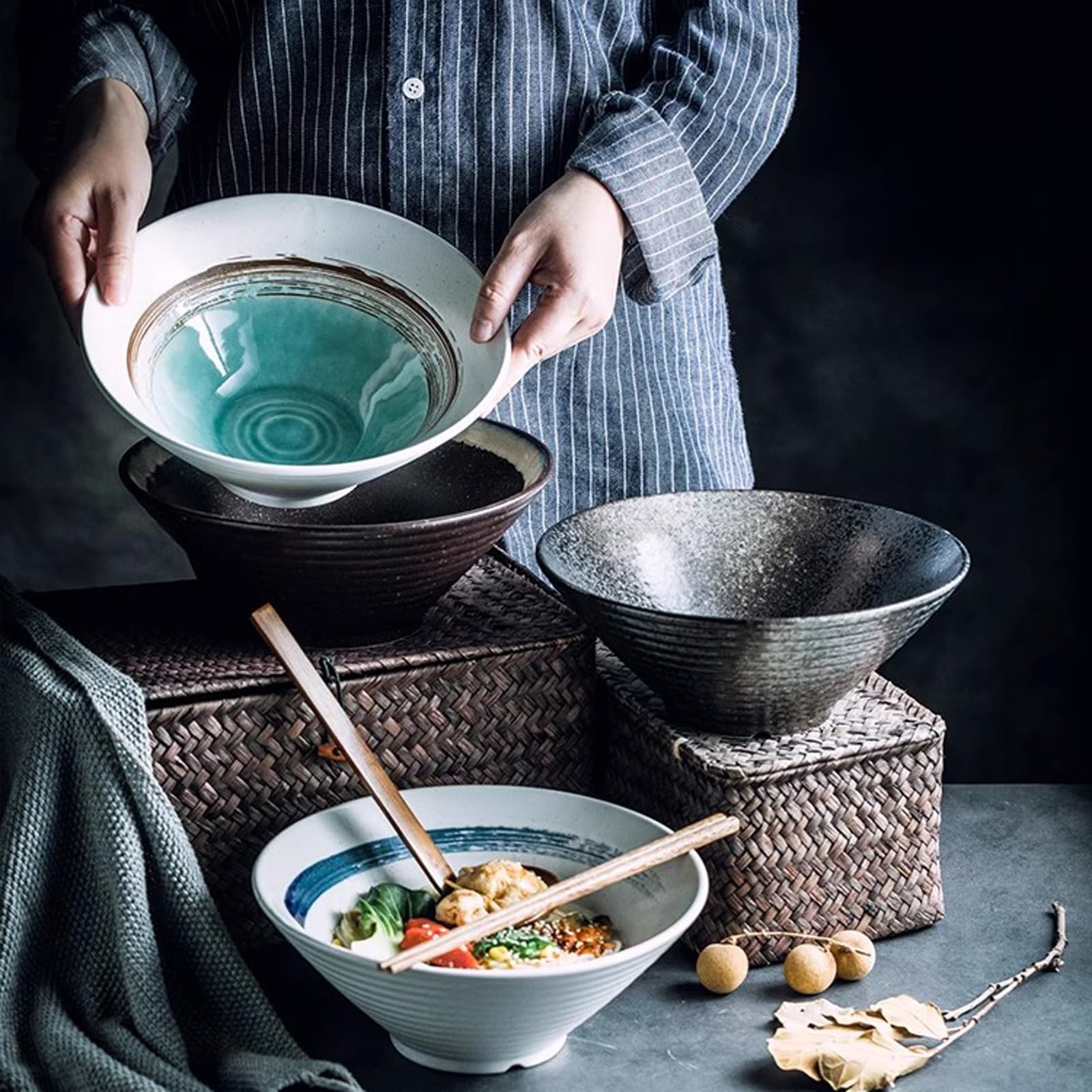 CFWSHJ Miski sałatkowe Miska na makaron chiński Lamian, Makaron w misce na zupę, Miska ceramiczna do użytku domowego, Miska do jadalni, Miska na bambusowy kapelusz, Zastawa stołowa Miski kuchenne na