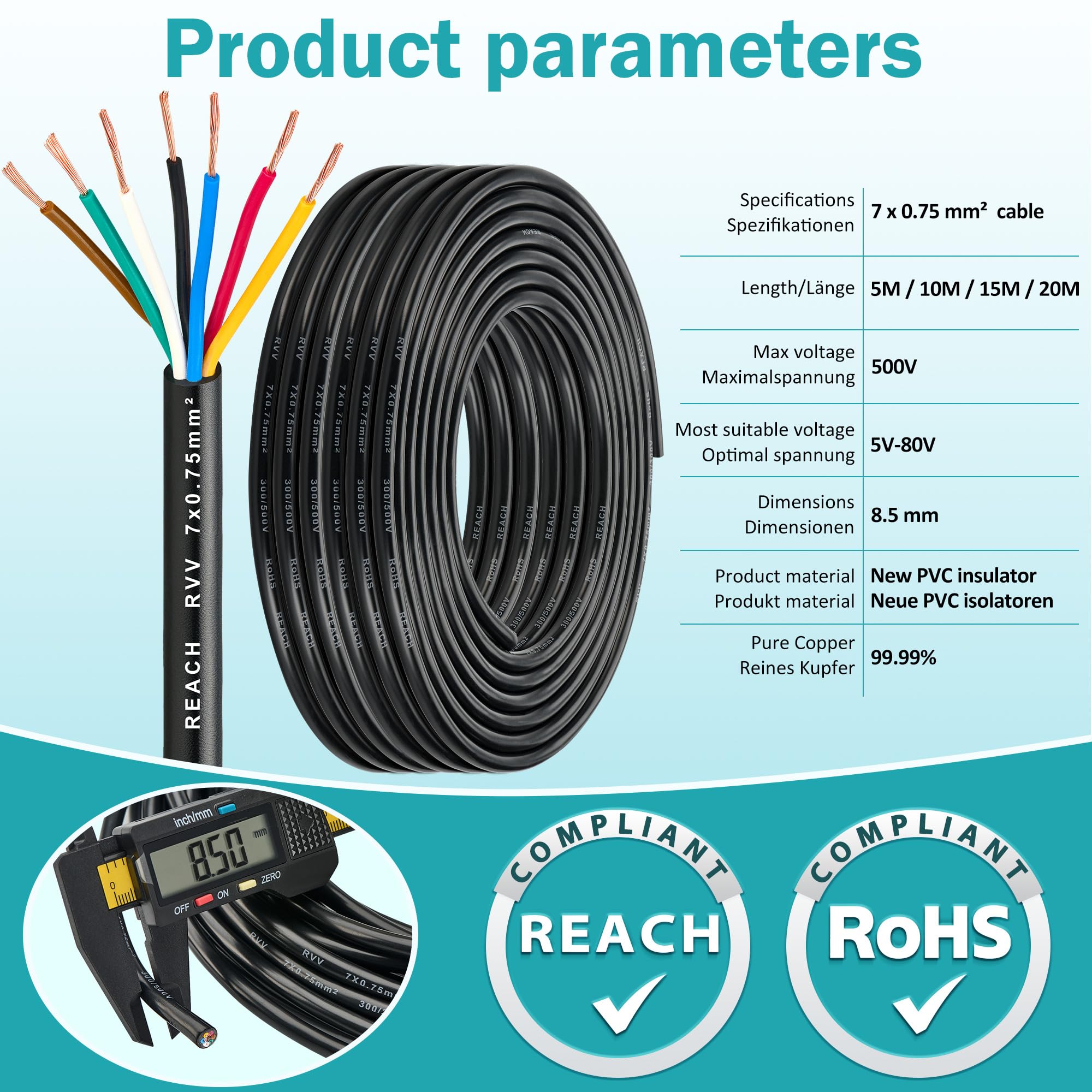 7 Adriges Anhängerkabel 20M, Wohnwagen Elektrische Kabel für Caravan Camping 0,75mm², LED-rücklichter Verkabelung Kabel 7 polig, 12V 24V Elektrokabel FLRYY RoHs Reach Zulassung