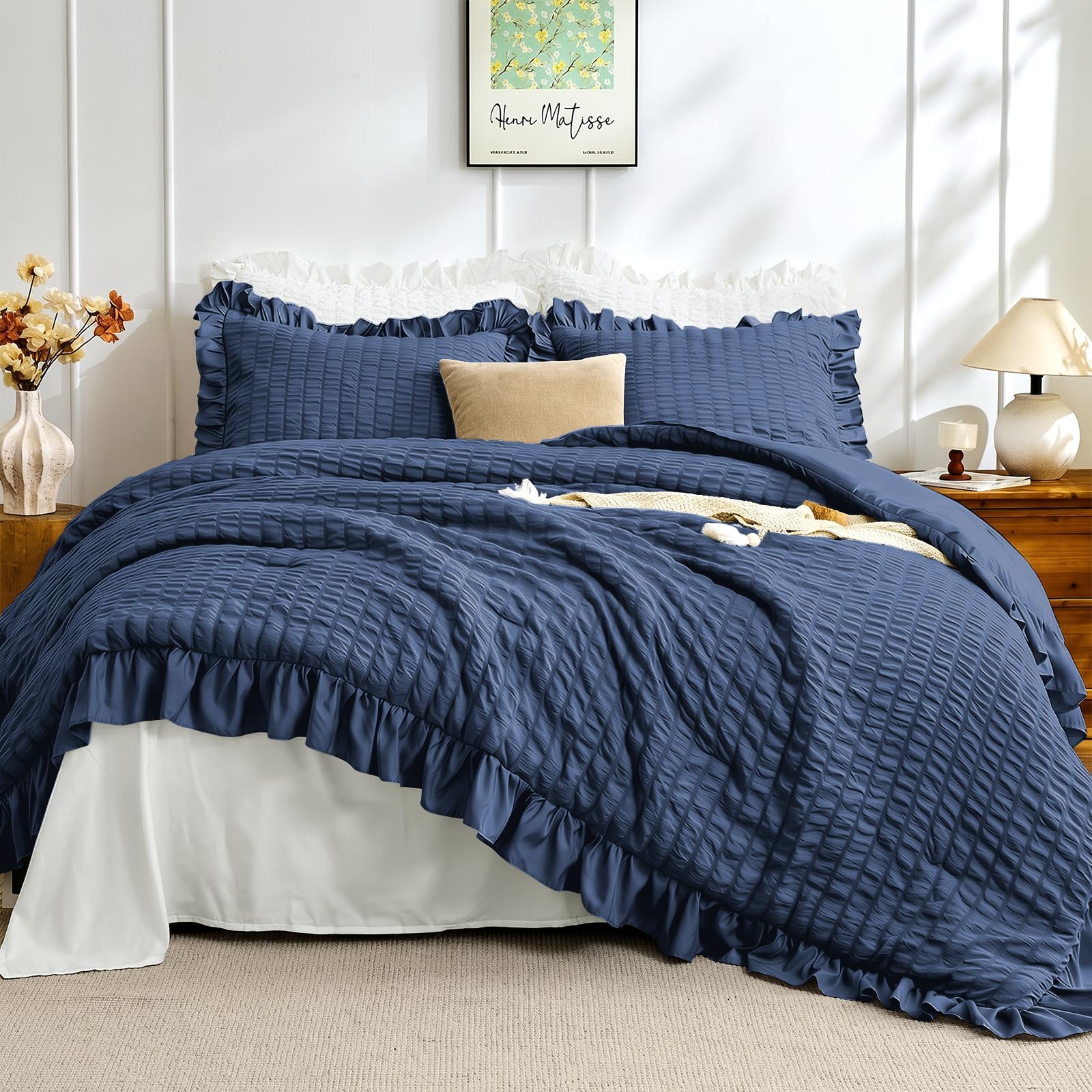 JOLLYVOGUE Navy Blue King Comforter Set, 3 Pieces Seersucker Comforters King Size, Lightweight &amp; Fluffy Bedding Sets King for All Season with 1 Ruffle Comforter and 2 Ruffle Pillowshams