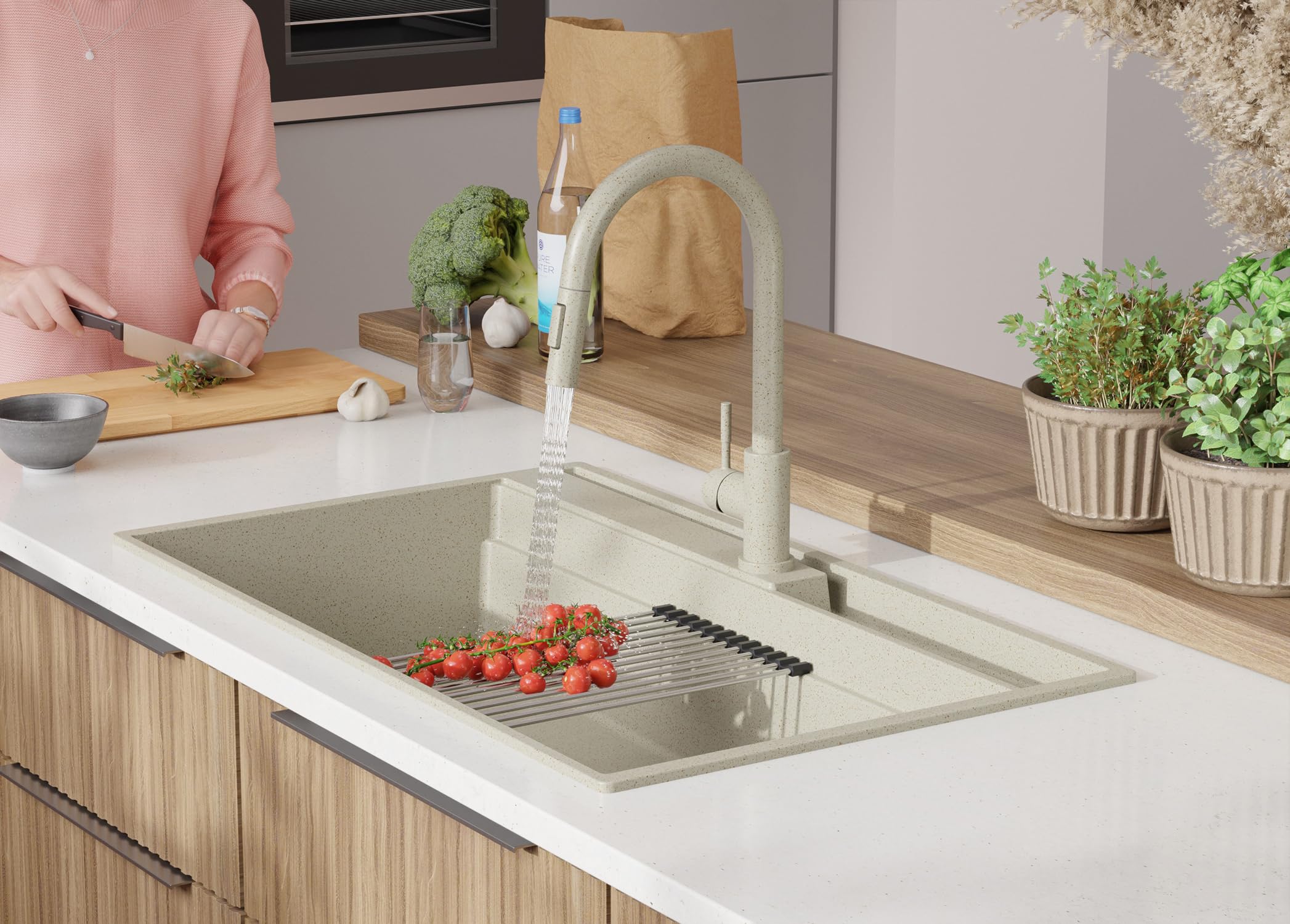 PRIMAGRAN Evier Cuisine en Granit au Meuble 90cm + Kit de Vidage, 88x53cm