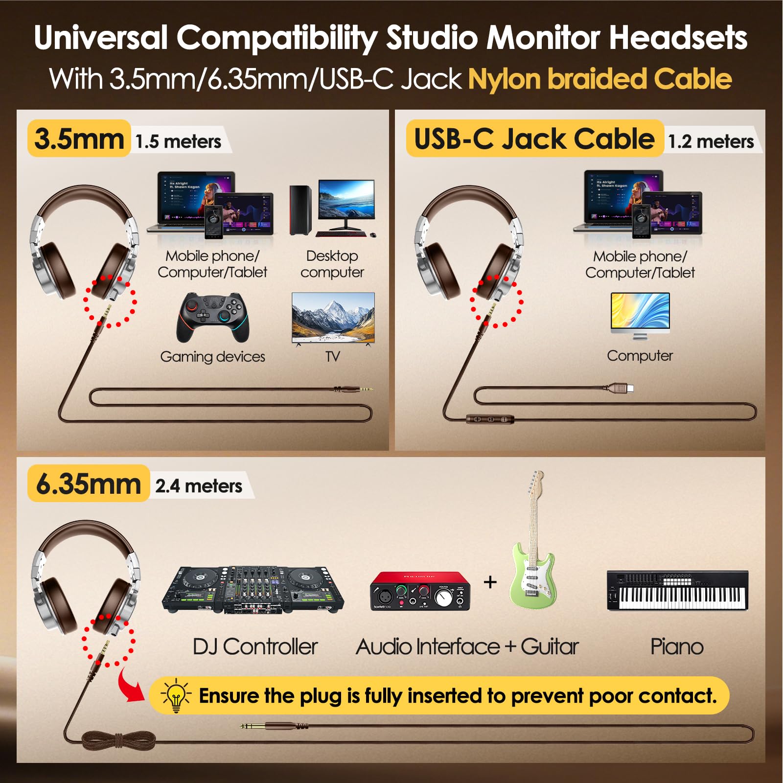 Cuffie over-ear USB C cablate, monitor da studio e mixing, cuffie professionali per DJ, con jack da 6,35 mm/3,5 mm/tipo C, per DJ, podcast, chitarra, AMP, pianoforte, tastiera, registrazione