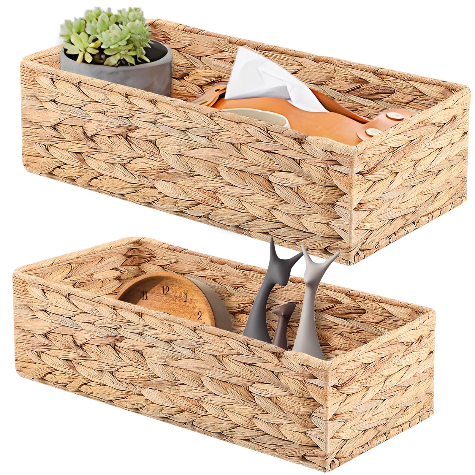 Set di 2 Cestini Portaoggetti Intrecciato, Cestino in Vimini, per Sistemare Vestiti e Riviste, Organizer Armadio, Grande 37×16.5×11 cm, Piccola 33×12.5×10 cm, Giacinto d'Acqua
