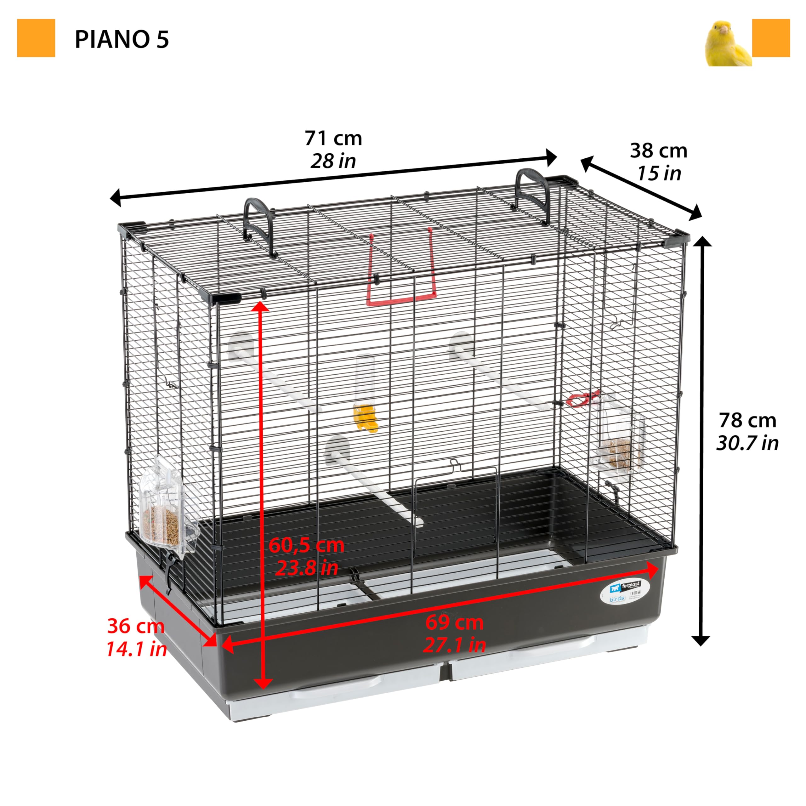 Ferplast Gabbia Voliera per Uccelli PIANO 5 Gabbia per Uccelli, Canarini, Bengalini, Cocorite, Inseparabili, in Metallo, Accessori inclusi Posatoi Mangiatoie Girevoli, 70 x 38 x h 62 cm