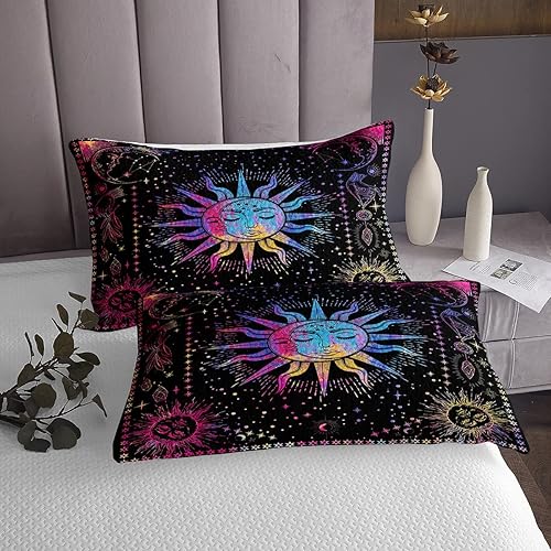Miniatura 3 de Erosebridal Juego de edredón bohemio de sol y luna, juego de colcha hippie bohemio de 3 piezas, ropa de cama colorida teñida con lazo, juego de