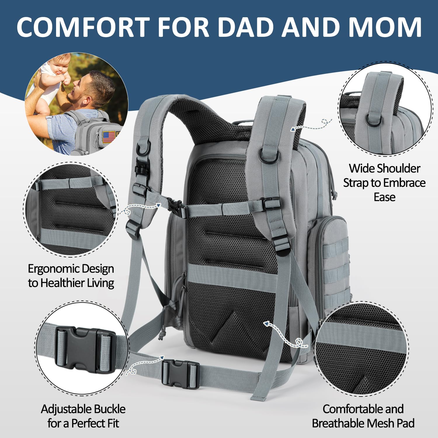MIRACOL Bolsa de pañales militar para bebé, mochila grande para bebé con cambiador, bolsa de pañales para papá del ejército para senderismo, viajes