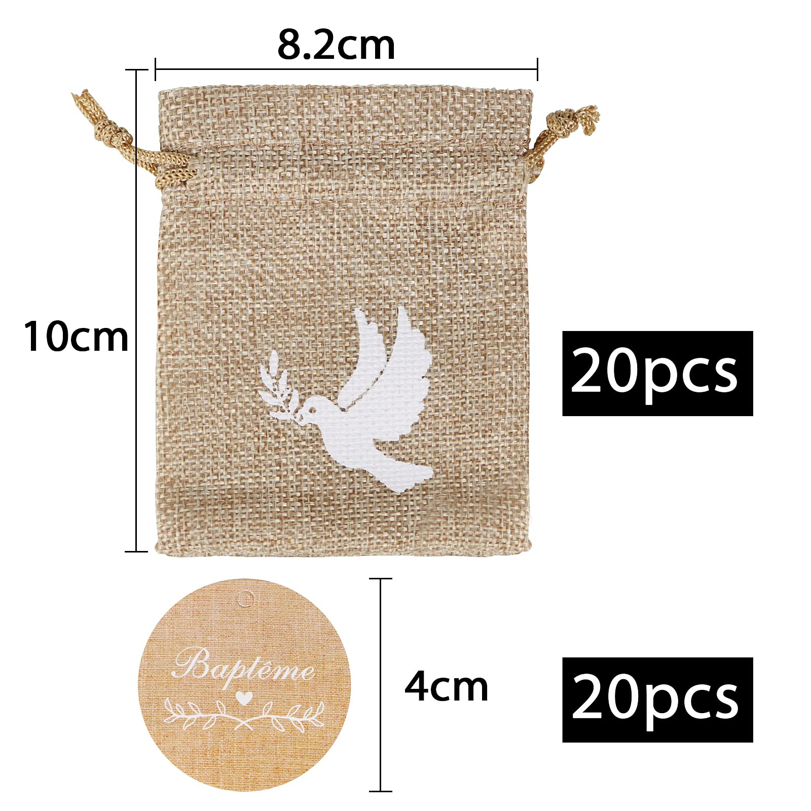 20Pcs Sachet Jute 20Pcs Etiquette Baptême Pochette Dragée Motif Colombe Cadeau Invité Décoration pour Baptême avec Ruban